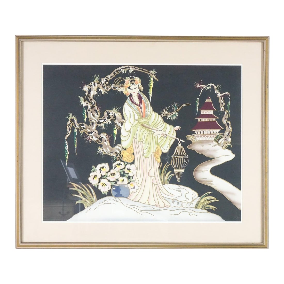 Late 20th Century Geisha Original Watercolor on Paper, Framed: This striking large original watercolor on paper portrays a Geisha in white, standing out against a solid black background. A trail leads to a temple, surrounded by delicate white flowers, creating a