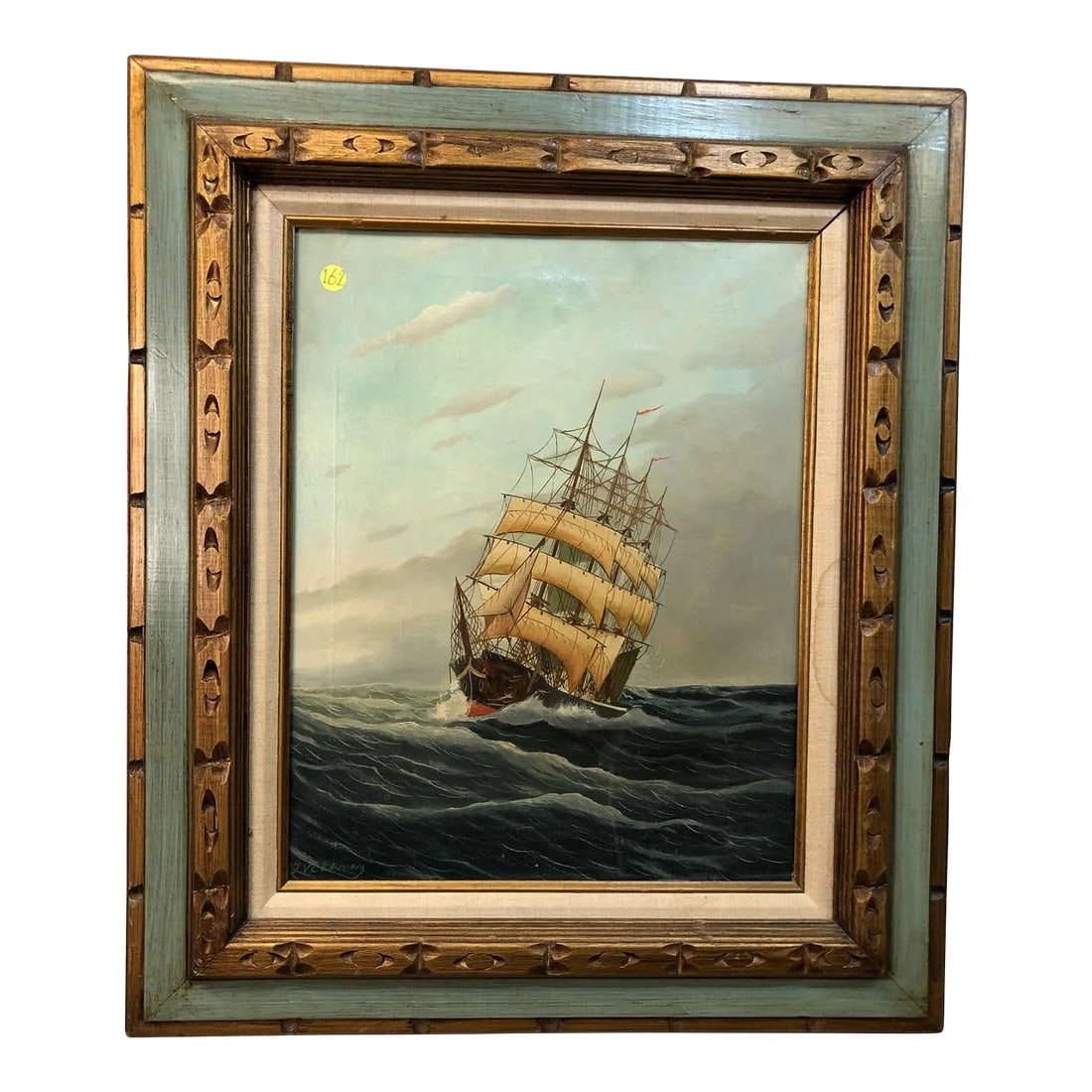 Euripean School Ship at Sea Antique Oil on Canvas Signed on the Bottom: This exquisite antique oil on canvas captures a large ship navigating the vast ocean under blue skies. The piece conveys the timeless majesty of humanity's triumph over nature, as the vessel rides the