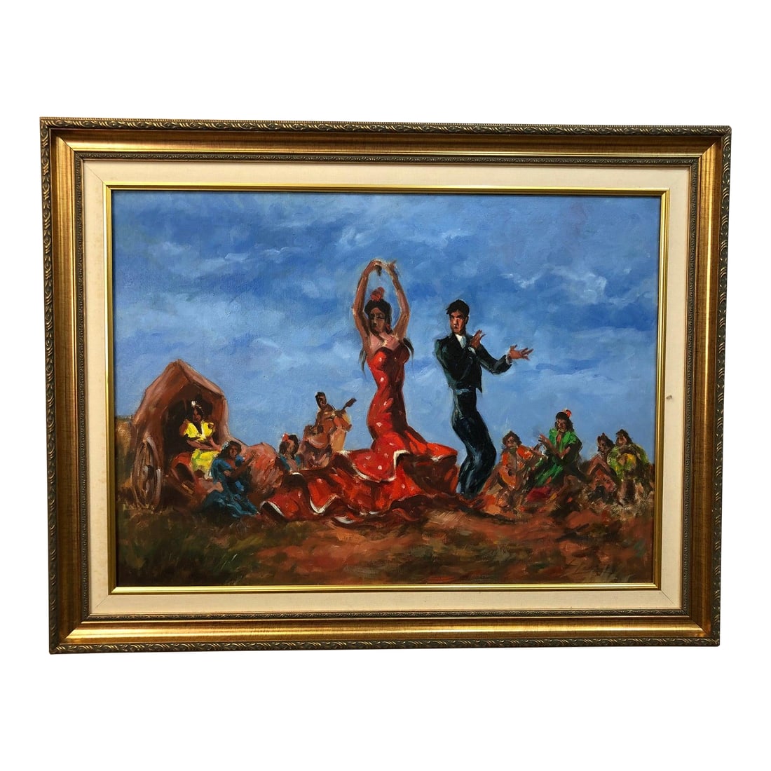 Mid 20th Century Spanish Dancing Oil on Canvas Signed at the Bottom, Framed: Spanish Dancing – Oil on Canvas, Signed at the Bottom – 34" x 26.5" Bring home the fiery passion and rhythm of traditional Spanish flamenco with this expressive original oil painting on