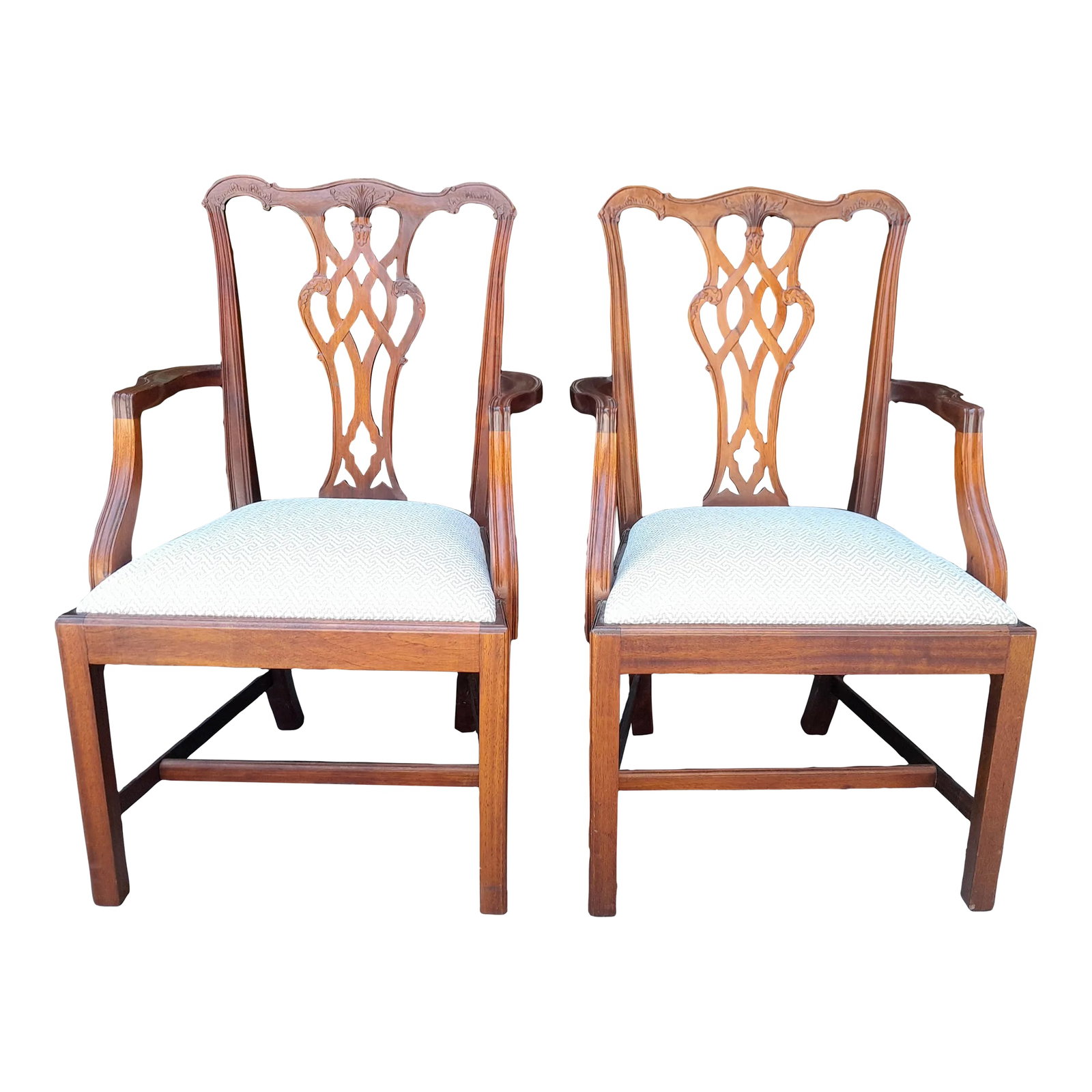 Pair of 1990s Chippendale Armchairs Newly Recovered in Greek Key Upholstery: Totally Traditional Armchairs updated with new Greek Key Seats. Gorgeous Solid Mahogany. To View all of my listings at Bill Trimble Home, Click on Bill Trimble Home on the right side of this listing.