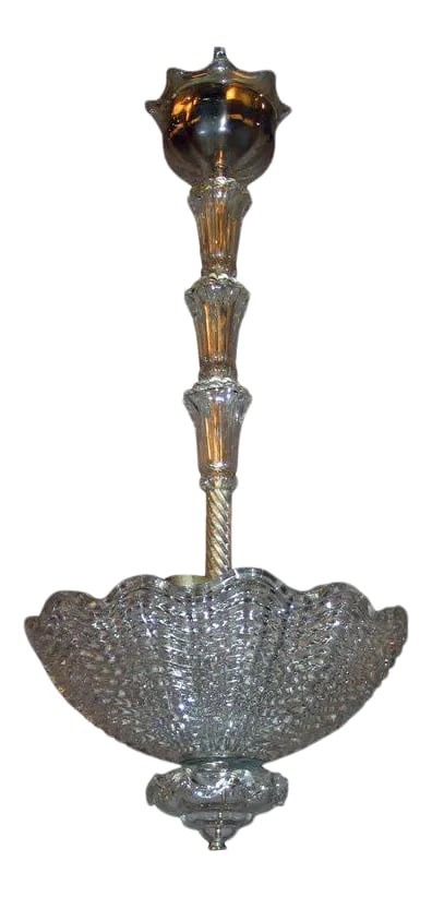 Swedish Orrefors Crystal Pendant Chandelier by Vicke Lindstrand: Beautifully textured clear crystal glass bowl pendant chandelier by legendary Swedish glass designer Vicke Lindstrand (1904-1983) for Orrefors. The fixture can take up to three 75 watt bulbs and has a