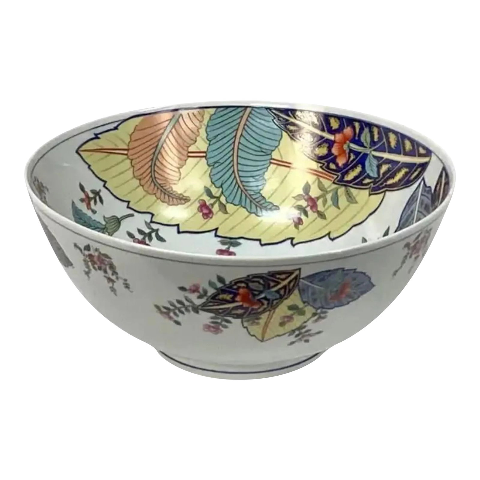 Tobacco Leaf 10 Inch Bowl by Seymour Mann: Vintage Seymour Mann Tobacco Leaf 10 inch porcelain bowl. Bowl features large leaves, flowers and foliage in bright colors of blue, green, yellow and pink on a white background. Nice large serving