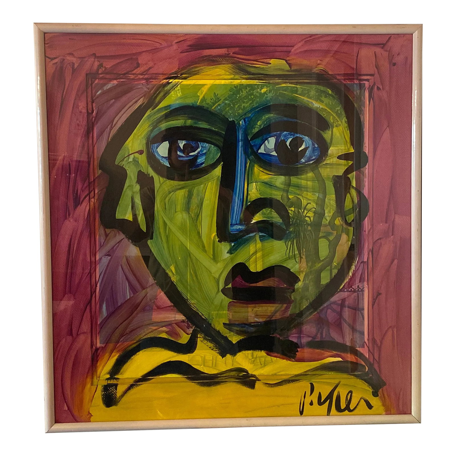 1970s Vintage Abstract Portraiture; Original Painting by Peter Robert Keil, Framed: Peter Keil is a German artist that focuses primarily on abstract expressionism. Keil painted with some of the greats including Joan Miró, Pablo Picasso and Andy Warhol, to name a few. This is