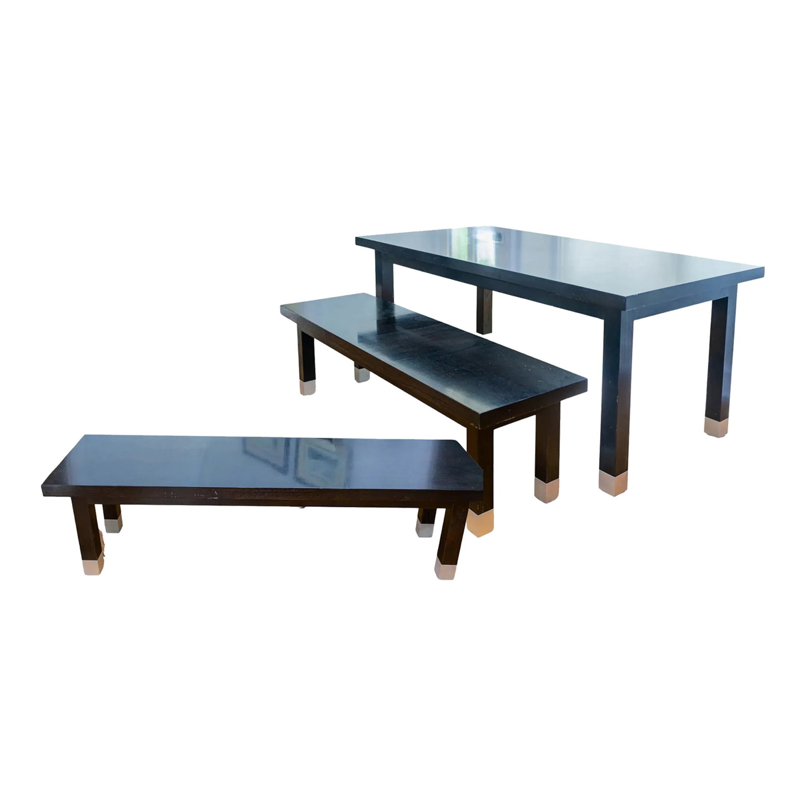 Contemporary Wenge Wood Dining Table With 2 Matching Benches - Set of 3: This table with its precise lines and pristine wood finish has moved easily from the dining room of a Georgian colonial manse to an apartment with floor to ceiling glass in NYC, to a loft in Dallas,