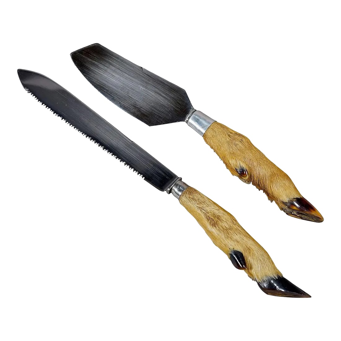 Antique Cheese and Butter Knives With Deer Handles, Circa 1950s: Antique Cheese and Butter Knives with Deer Handles, circa 1950s A rustic serving set consisting of cheese knife and butter knife. The handles are made of genuine deer feet. The blades are made of