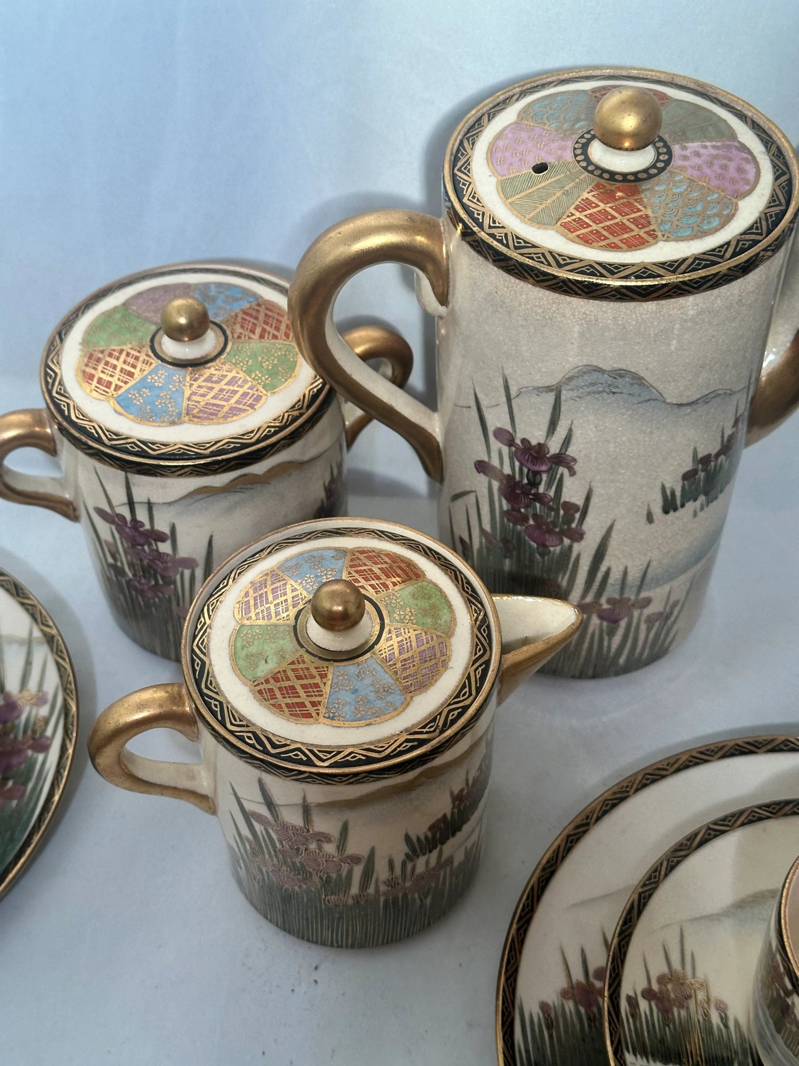 Early 1900s Japanese Satsuma Ducks and Iris Coffee Dessert Service- 21 Pieces - 10