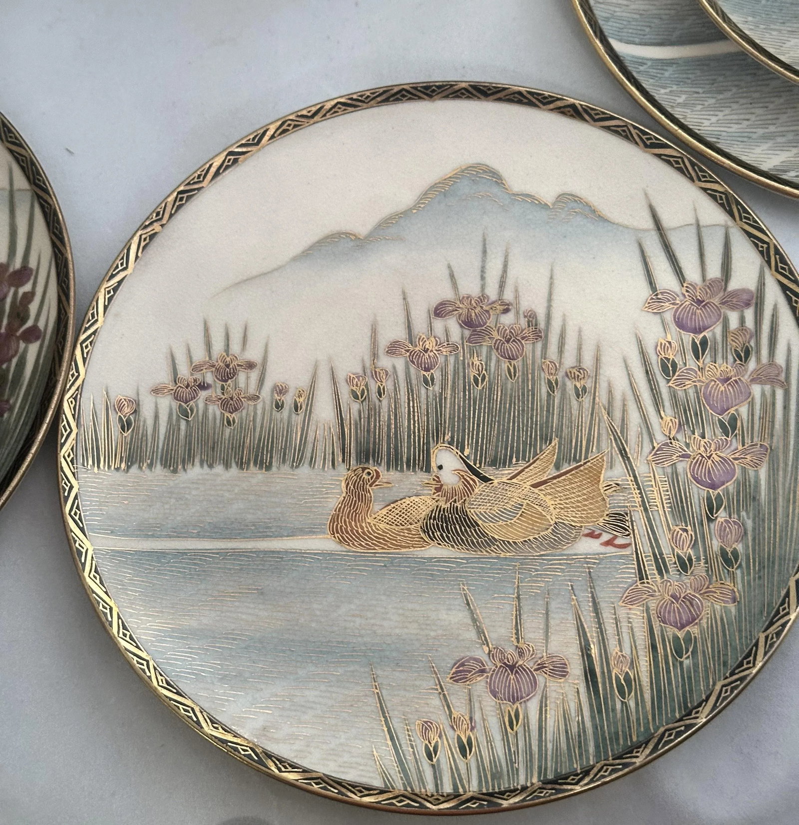 Early 1900s Japanese Satsuma Ducks and Iris Coffee Dessert Service- 21 Pieces - 2