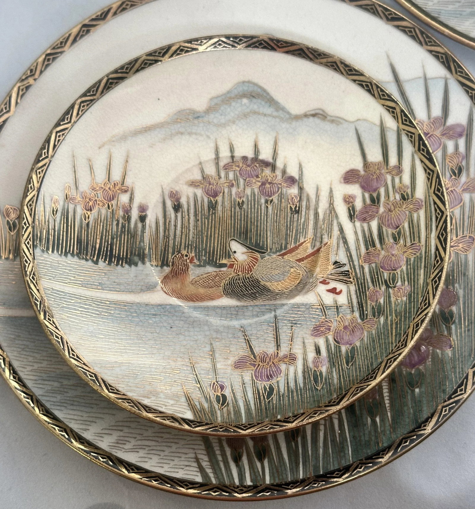 Early 1900s Japanese Satsuma Ducks and Iris Coffee Dessert Service- 21 Pieces - 3