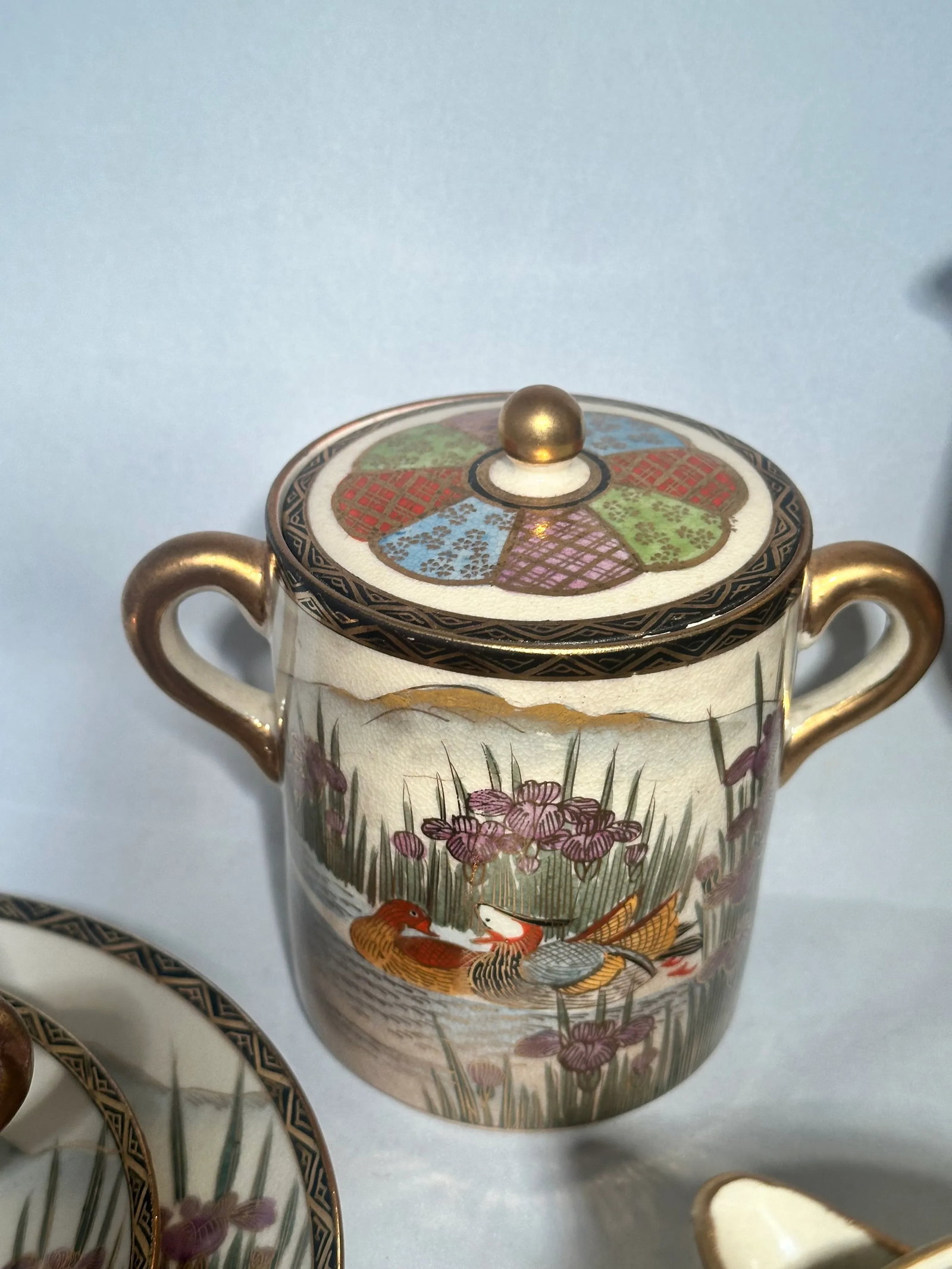 Early 1900s Japanese Satsuma Ducks and Iris Coffee Dessert Service- 21 Pieces - 5