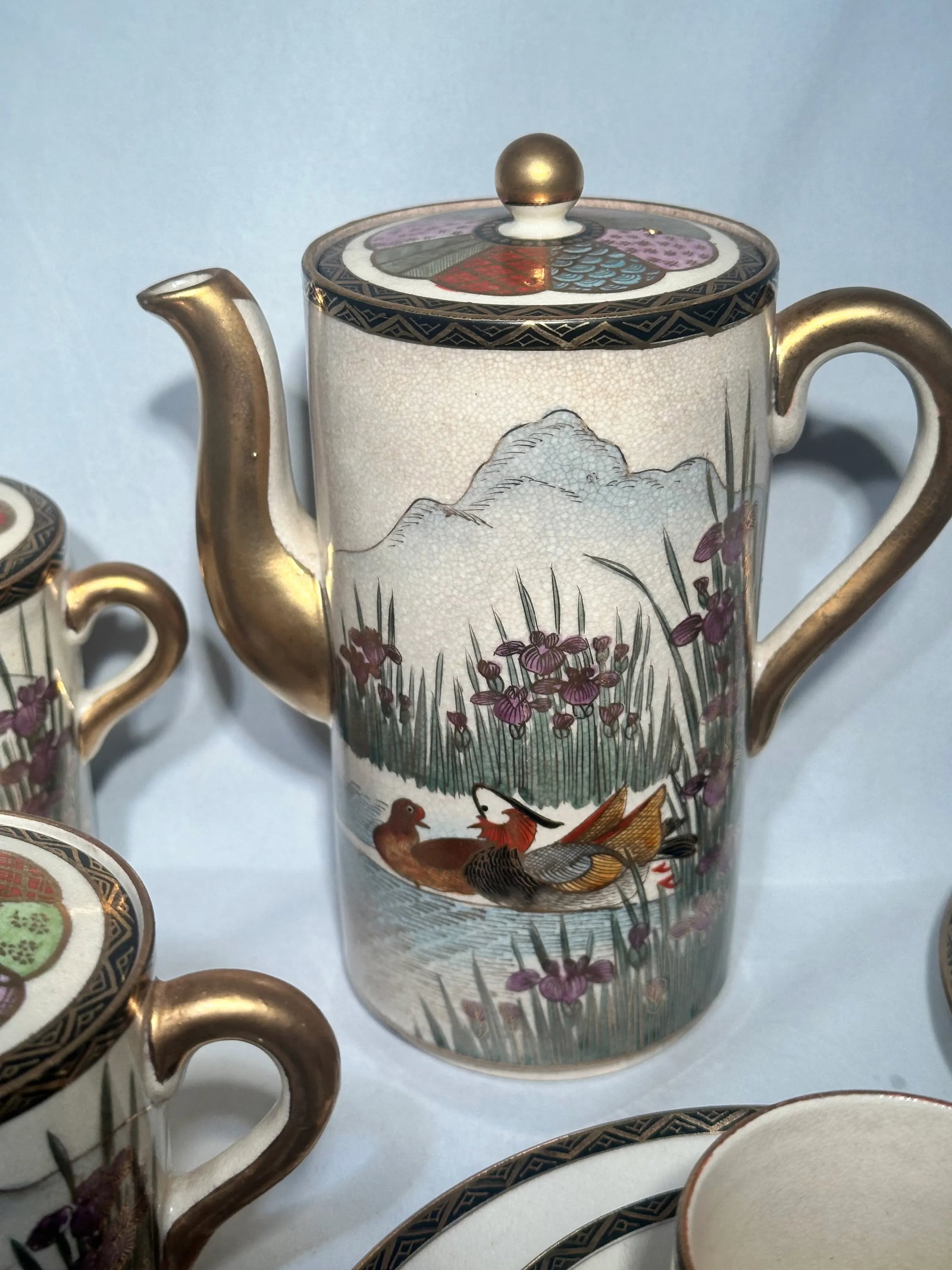 Early 1900s Japanese Satsuma Ducks and Iris Coffee Dessert Service- 21 Pieces - 9