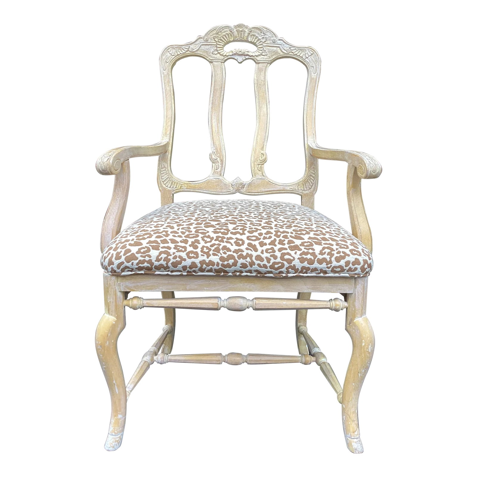1990s Italian Rustic White Washed Oak Hand Carved Armchair Newly Upholstered in Animal Print: Italian Style! This chair makes a subtle statement. I love the distressed white washed oak finish with intricate carved details. I have had it recovered in brand new leopard. Roar! Condition: