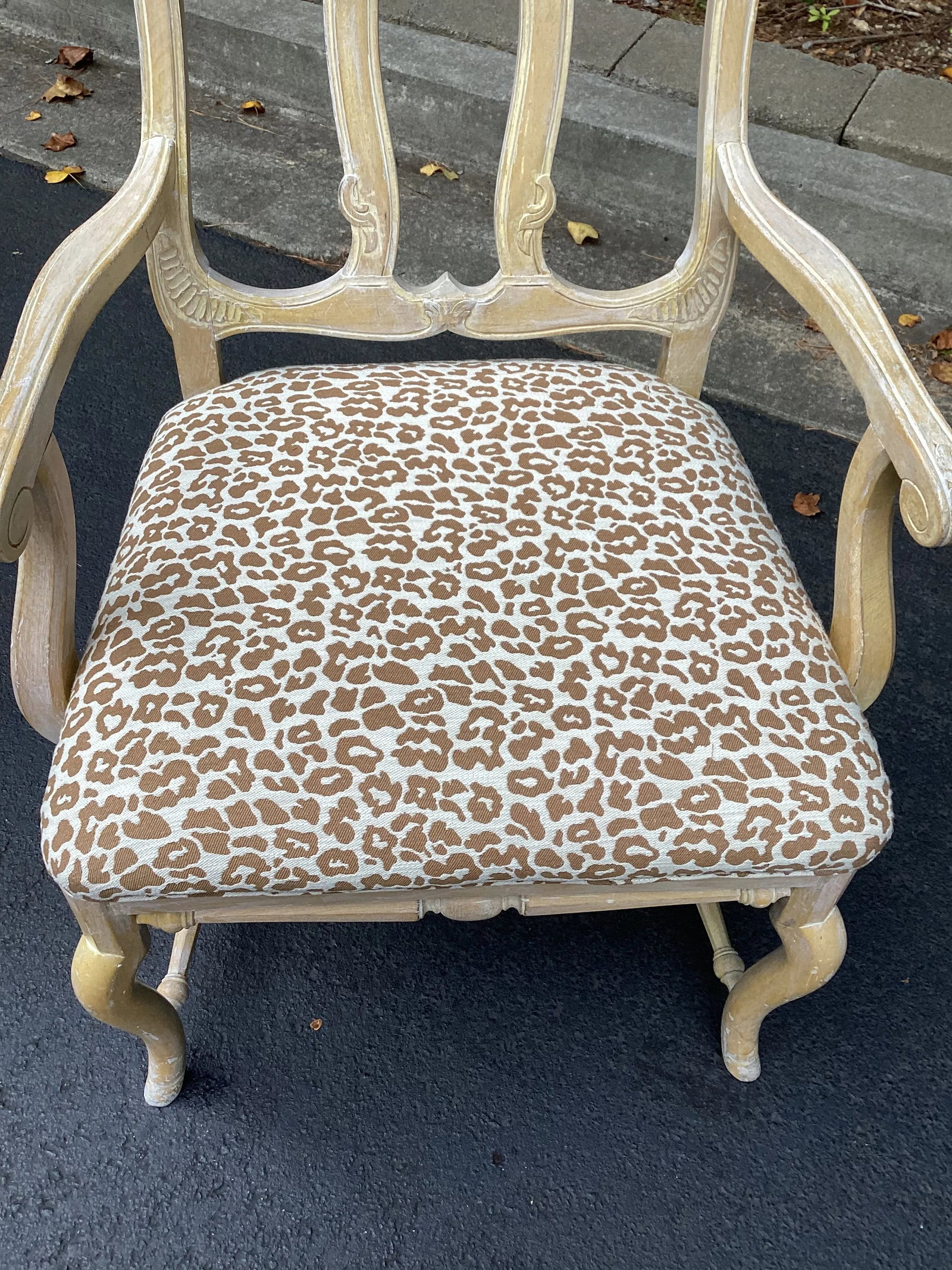 1990s Italian Rustic White Washed Oak Hand Carved Armchair Newly Upholstered in Animal Print - 2