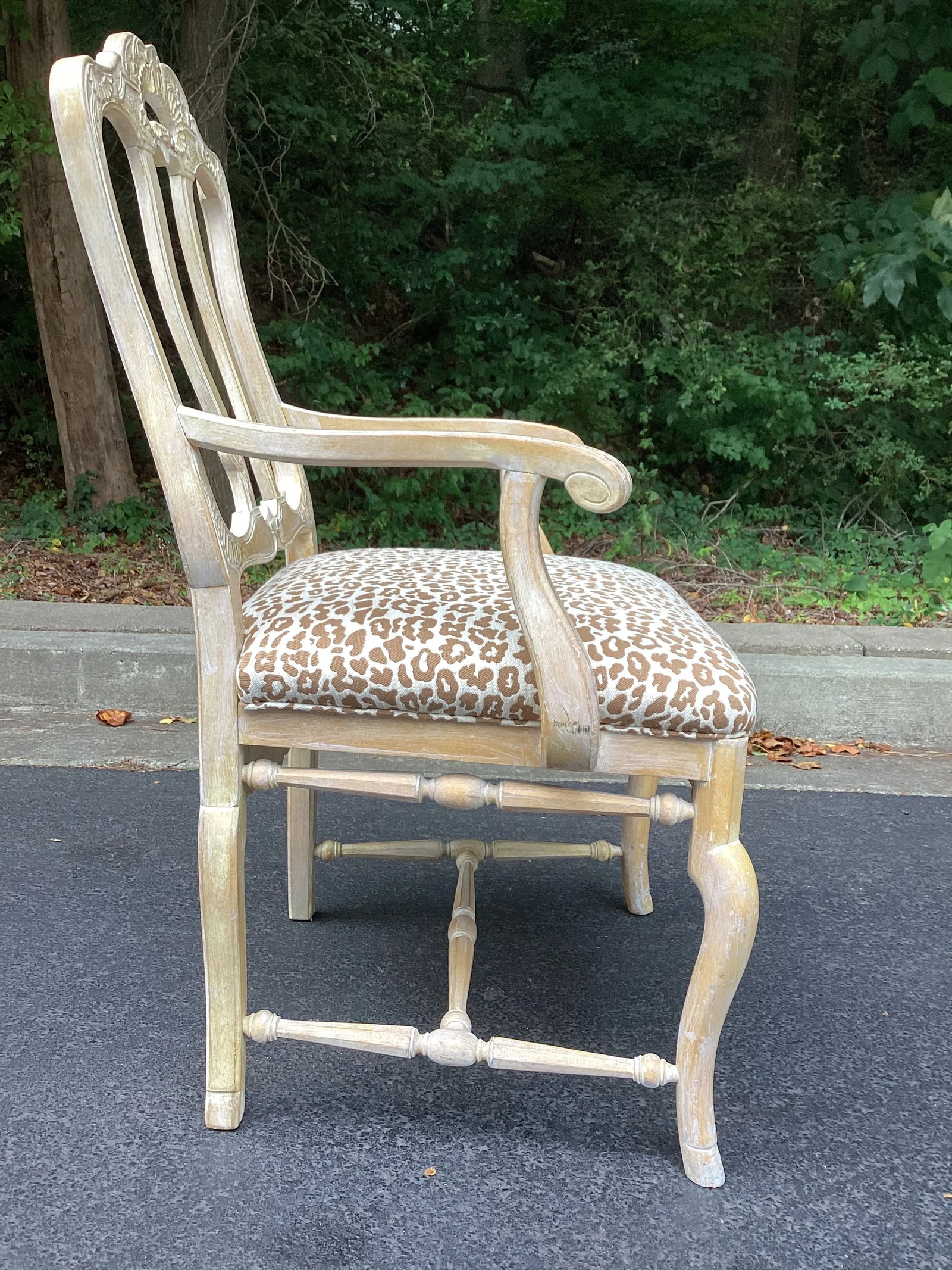 1990s Italian Rustic White Washed Oak Hand Carved Armchair Newly Upholstered in Animal Print - 3