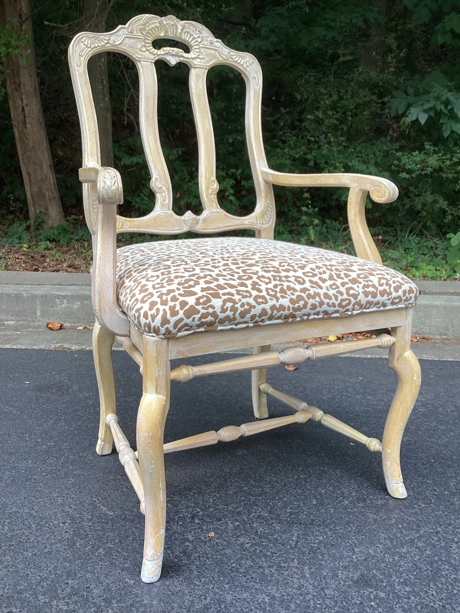 1990s Italian Rustic White Washed Oak Hand Carved Armchair Newly Upholstered in Animal Print - 4