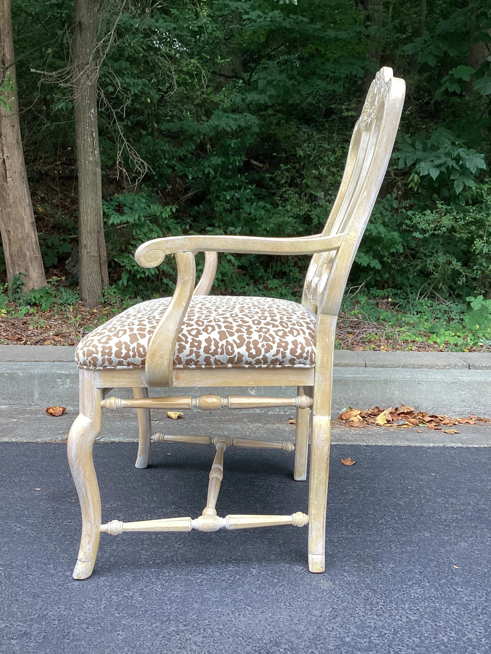 1990s Italian Rustic White Washed Oak Hand Carved Armchair Newly Upholstered in Animal Print - 5