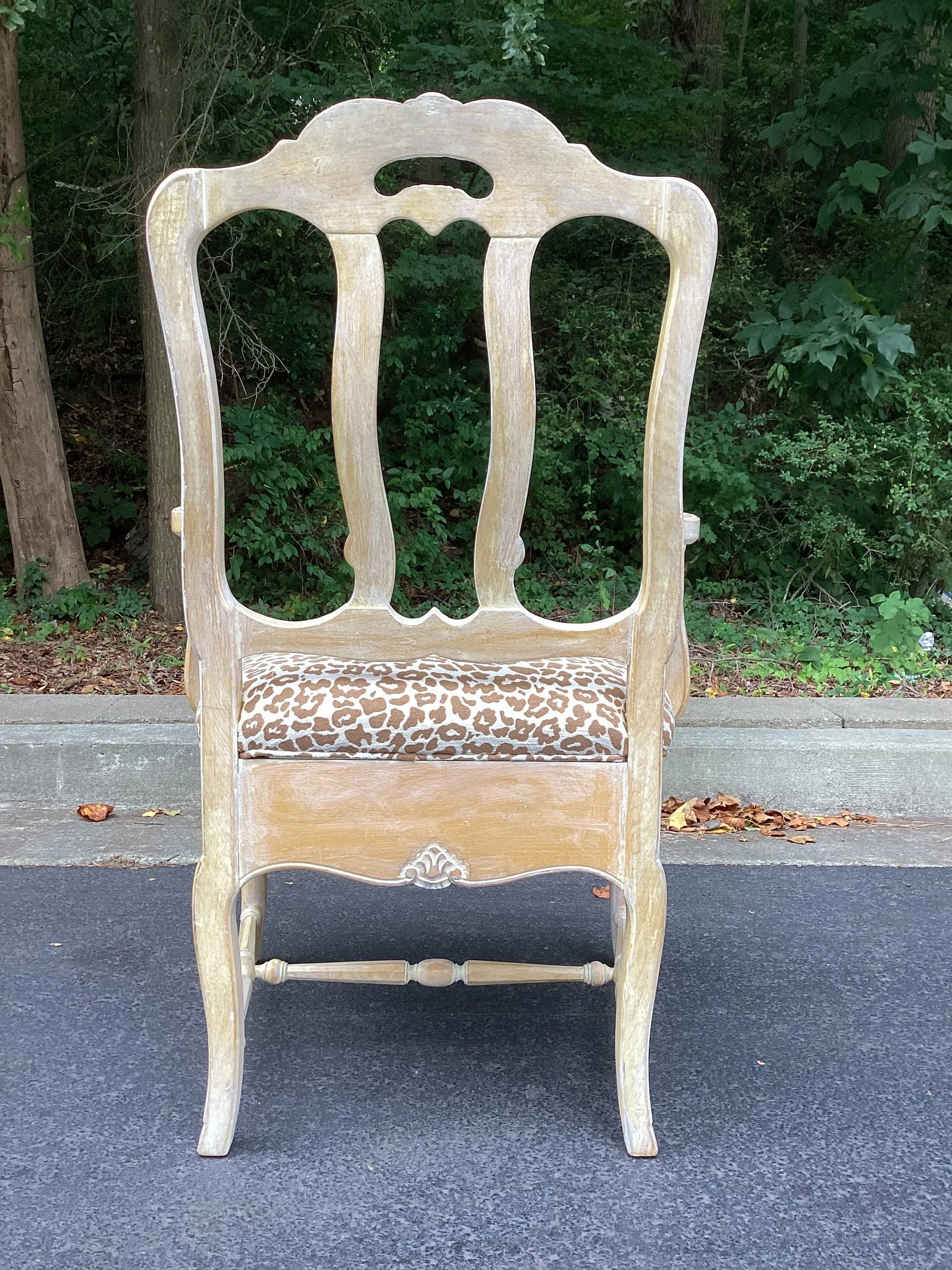 1990s Italian Rustic White Washed Oak Hand Carved Armchair Newly Upholstered in Animal Print - 6