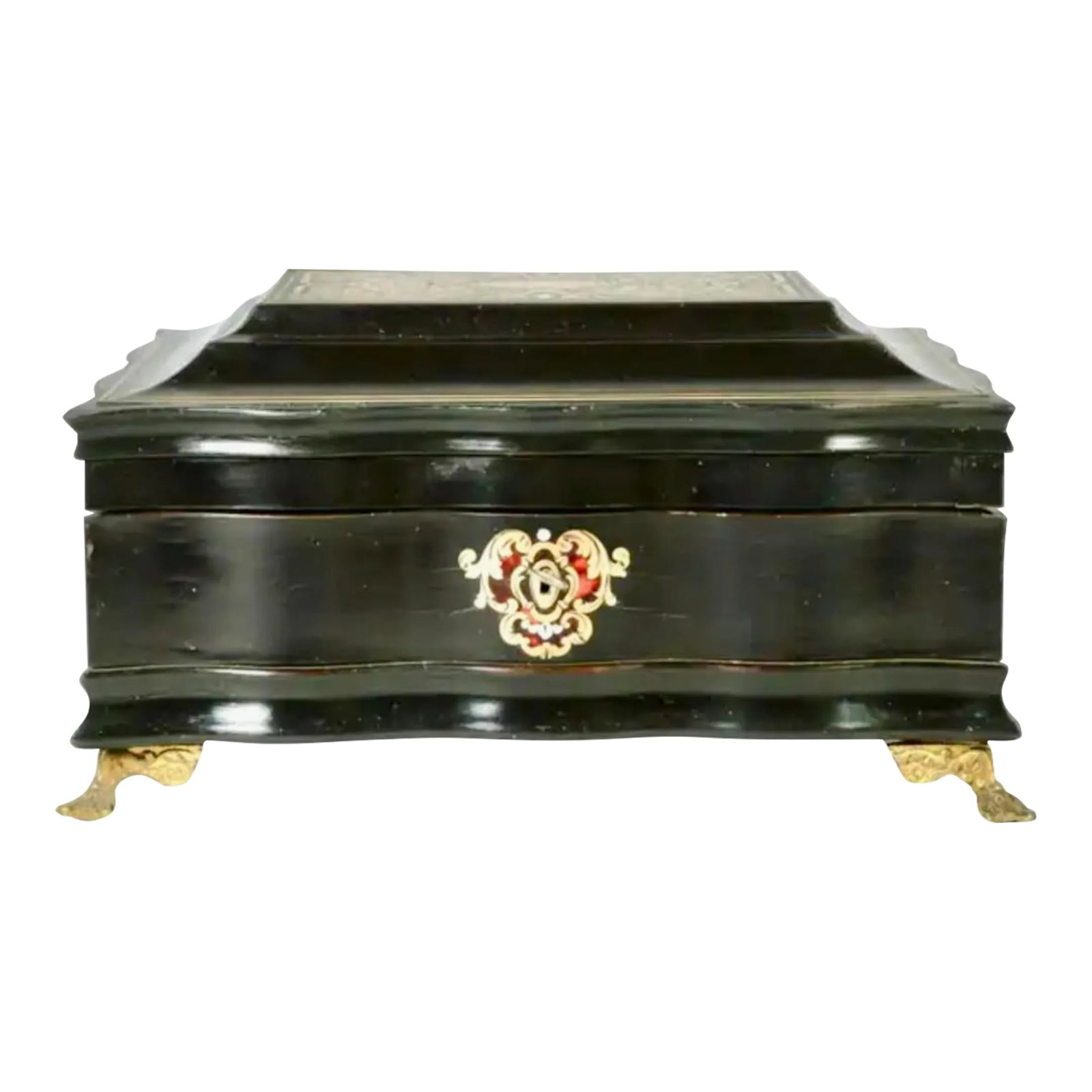19th Century French Boulle Sewing Scent Necessaire Box: Beautiful 19th Century French Empire ebonized black and Boulle Sewing Scent Necessaire Box with bronze appliquès and paw feet. Top features red, bronze and white colored floral motif with a
