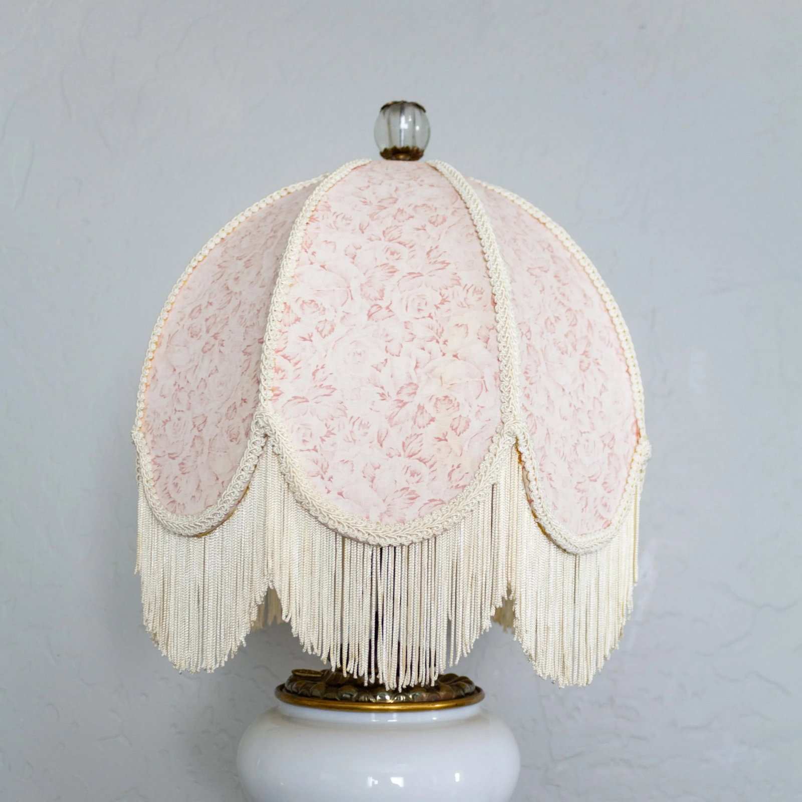 Electrified White Milk Glass Oil Lamp on Ormolu Feet | Fringed Lampshade - 11