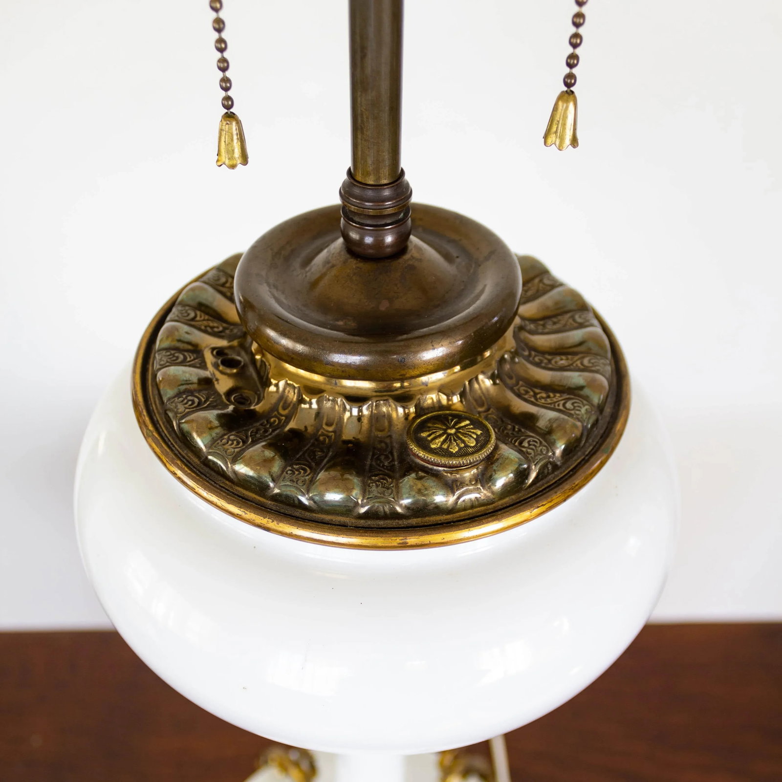 Electrified White Milk Glass Oil Lamp on Ormolu Feet | Fringed Lampshade - 12