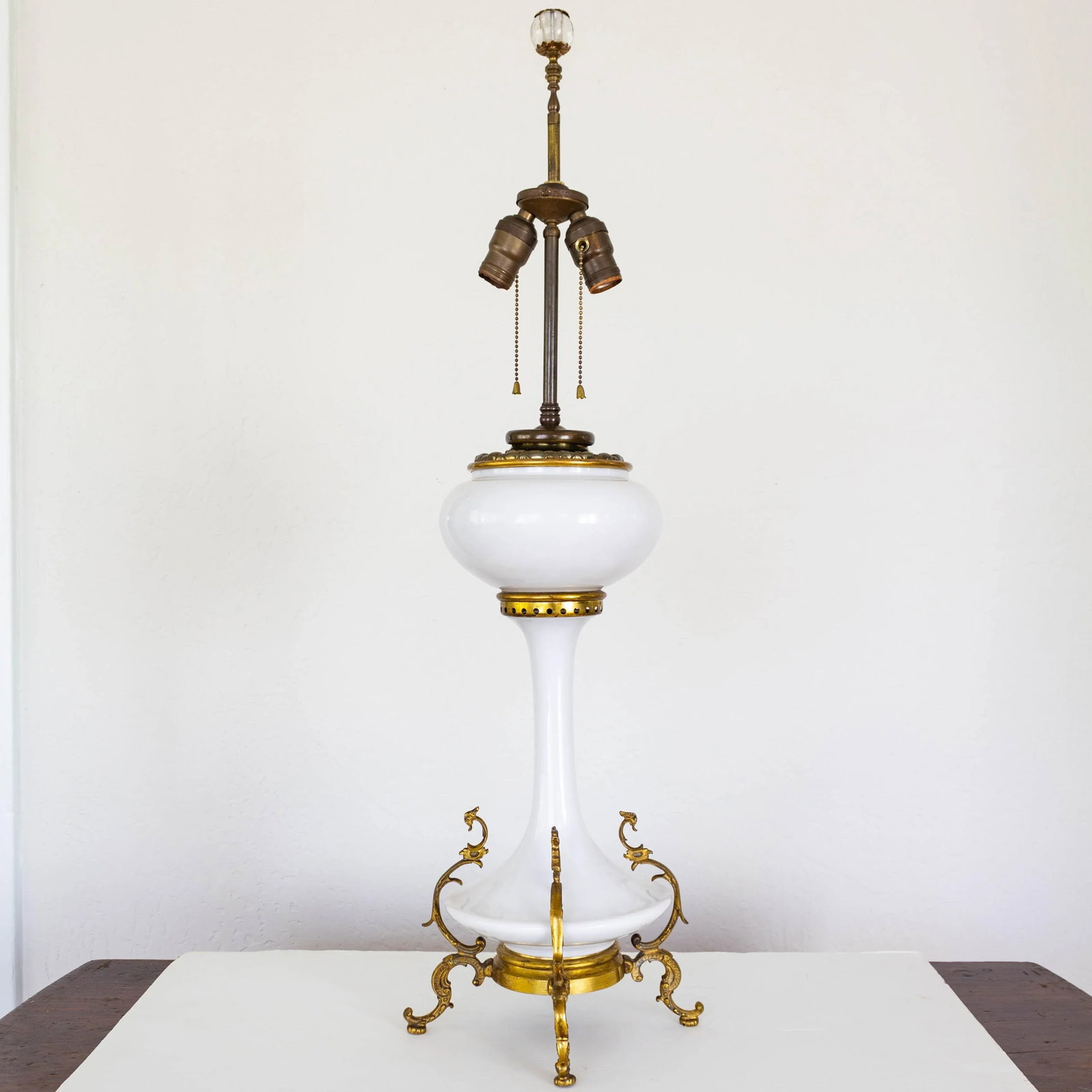 Electrified White Milk Glass Oil Lamp on Ormolu Feet | Fringed Lampshade - 2