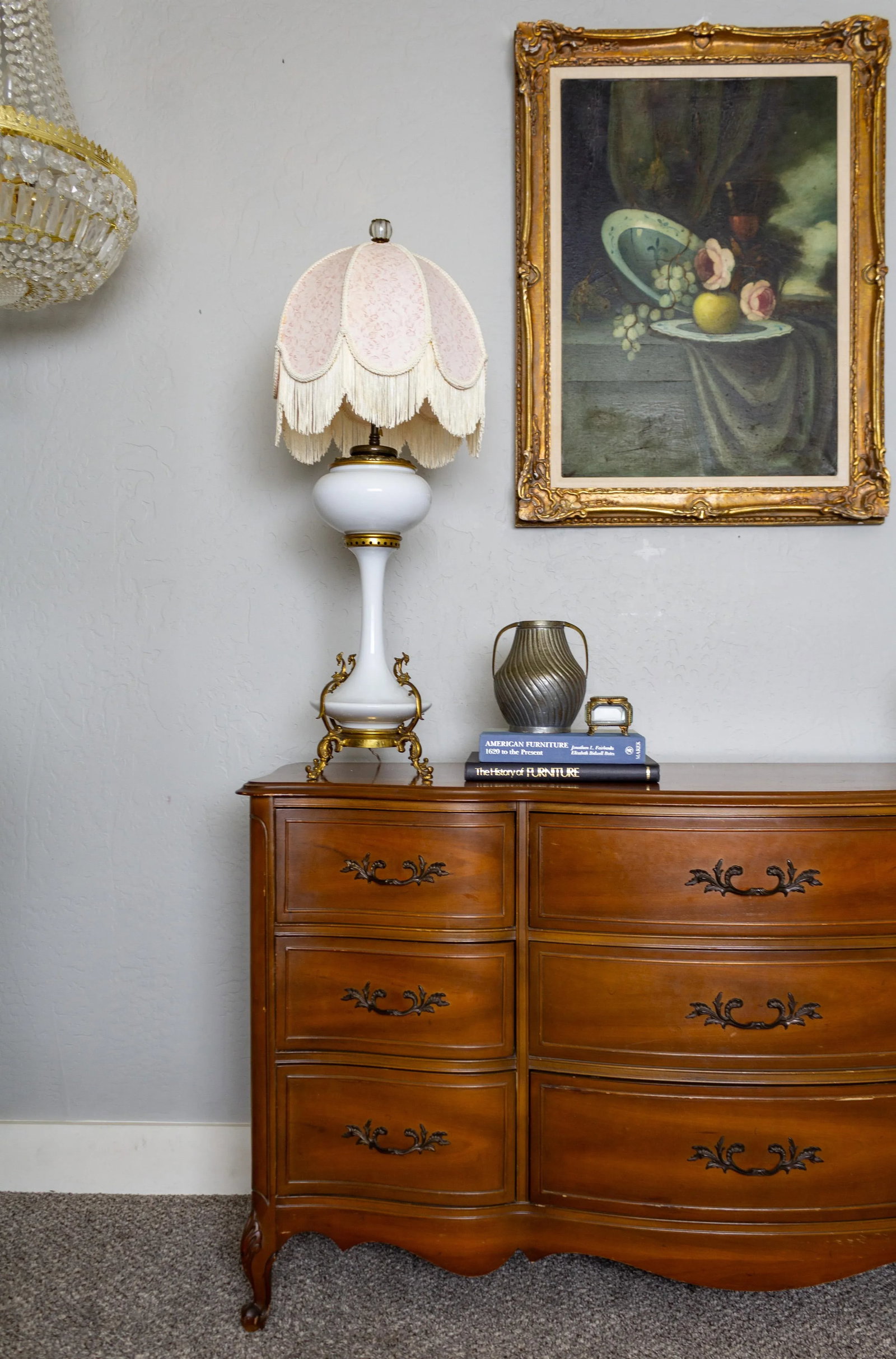 Electrified White Milk Glass Oil Lamp on Ormolu Feet | Fringed Lampshade - 3