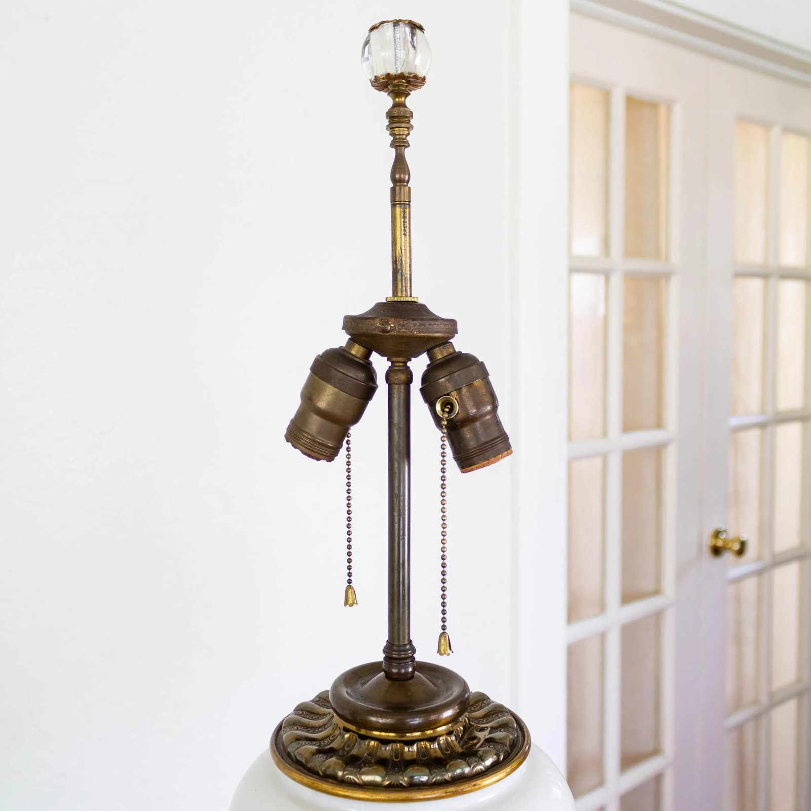 Electrified White Milk Glass Oil Lamp on Ormolu Feet | Fringed Lampshade - 4