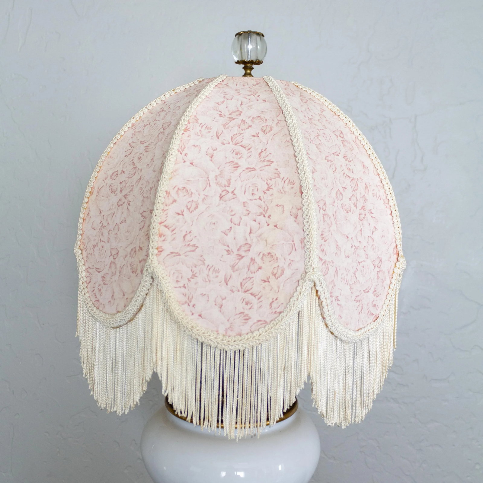 Electrified White Milk Glass Oil Lamp on Ormolu Feet | Fringed Lampshade - 5