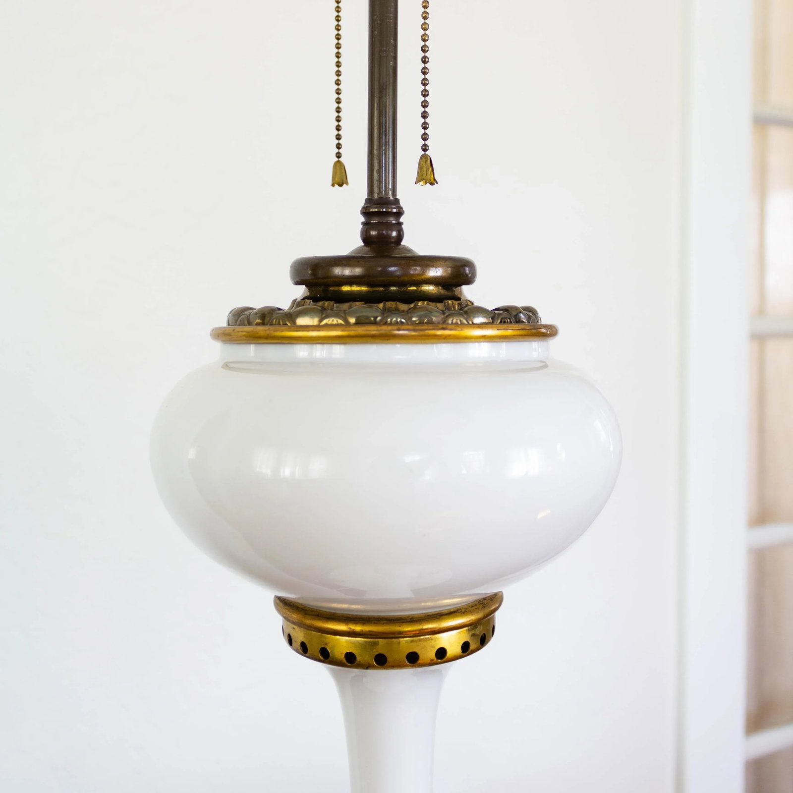 Electrified White Milk Glass Oil Lamp on Ormolu Feet | Fringed Lampshade - 6