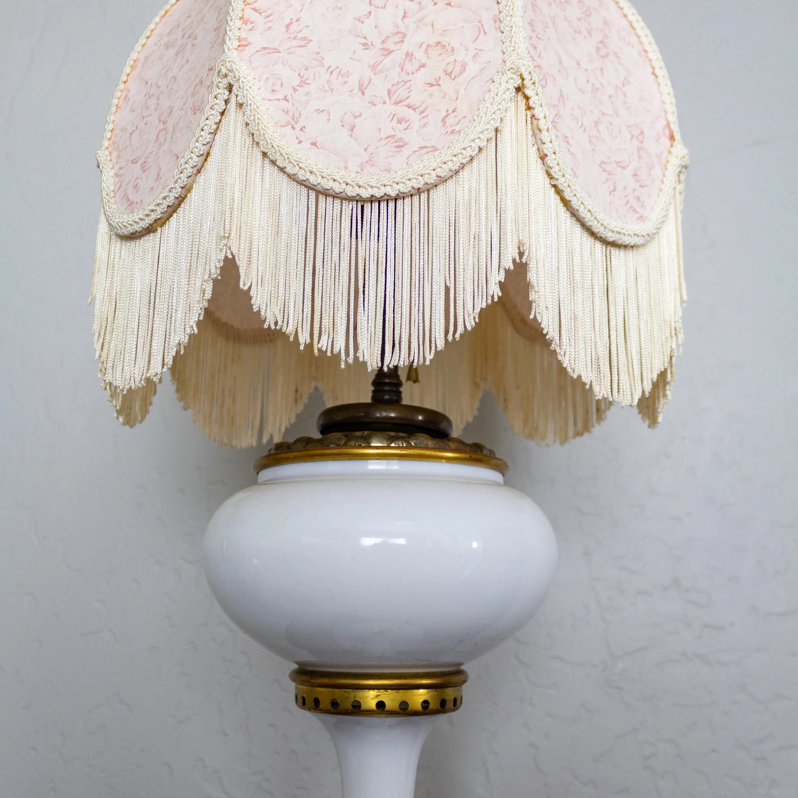 Electrified White Milk Glass Oil Lamp on Ormolu Feet | Fringed Lampshade - 7