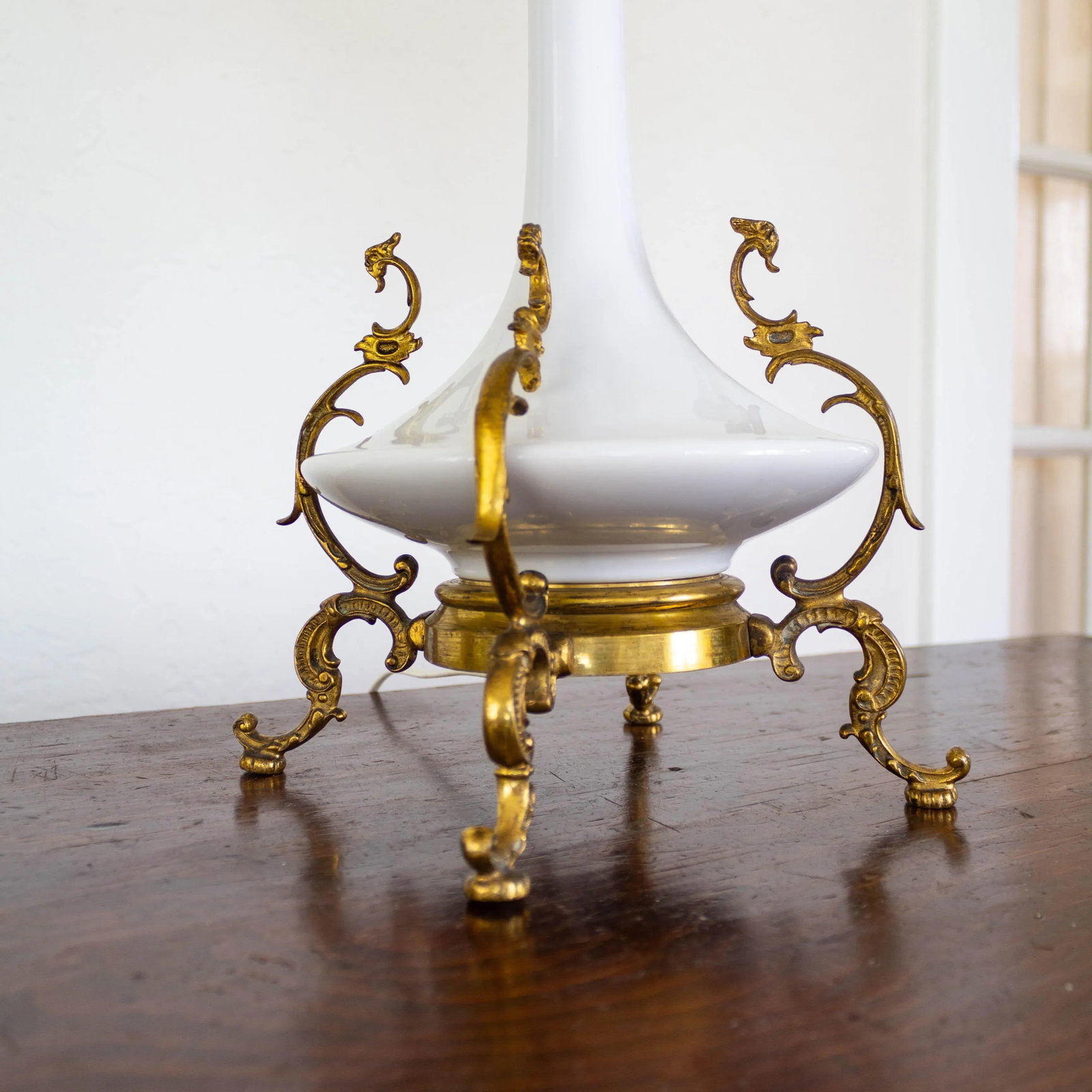 Electrified White Milk Glass Oil Lamp on Ormolu Feet | Fringed Lampshade - 8