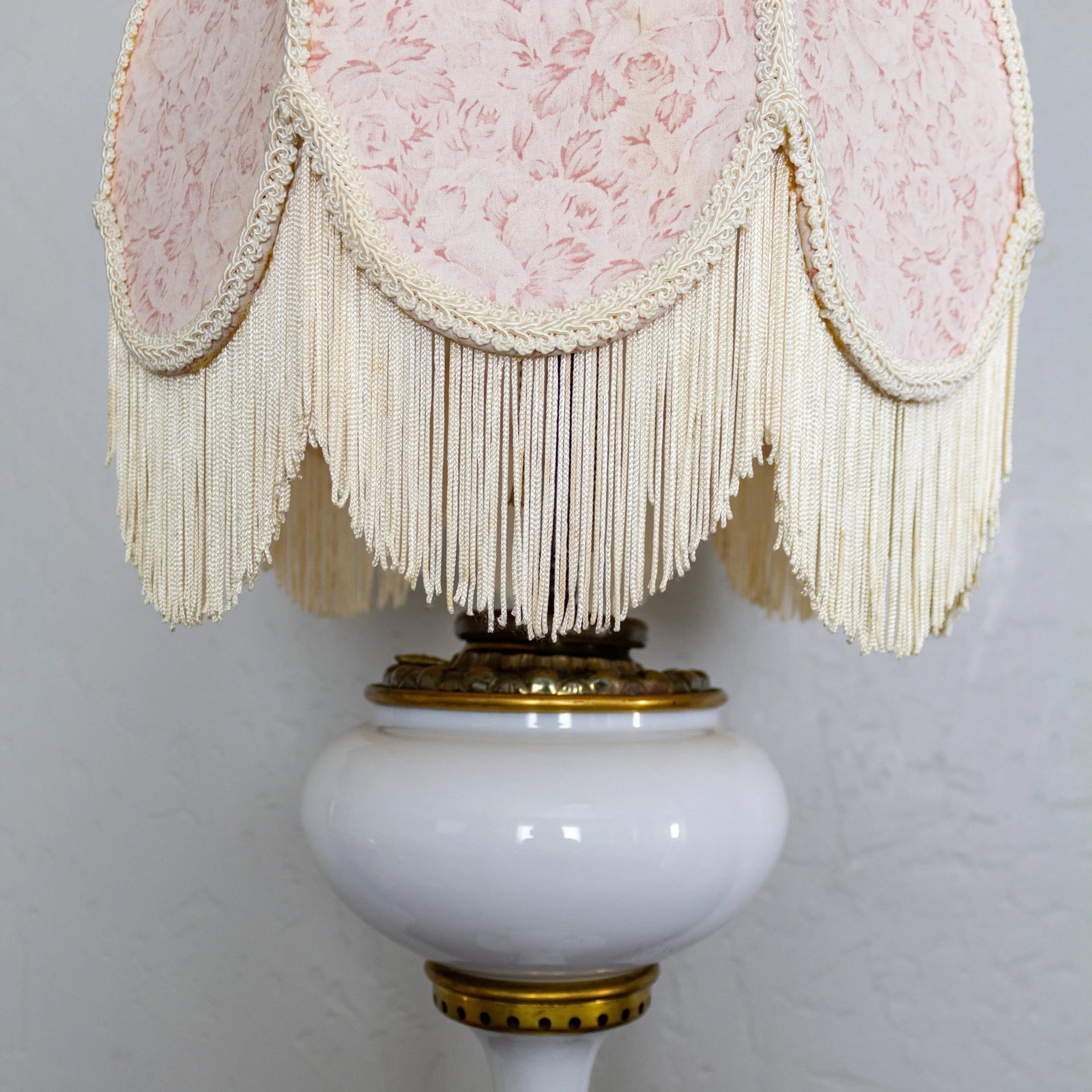 Electrified White Milk Glass Oil Lamp on Ormolu Feet | Fringed Lampshade - 9