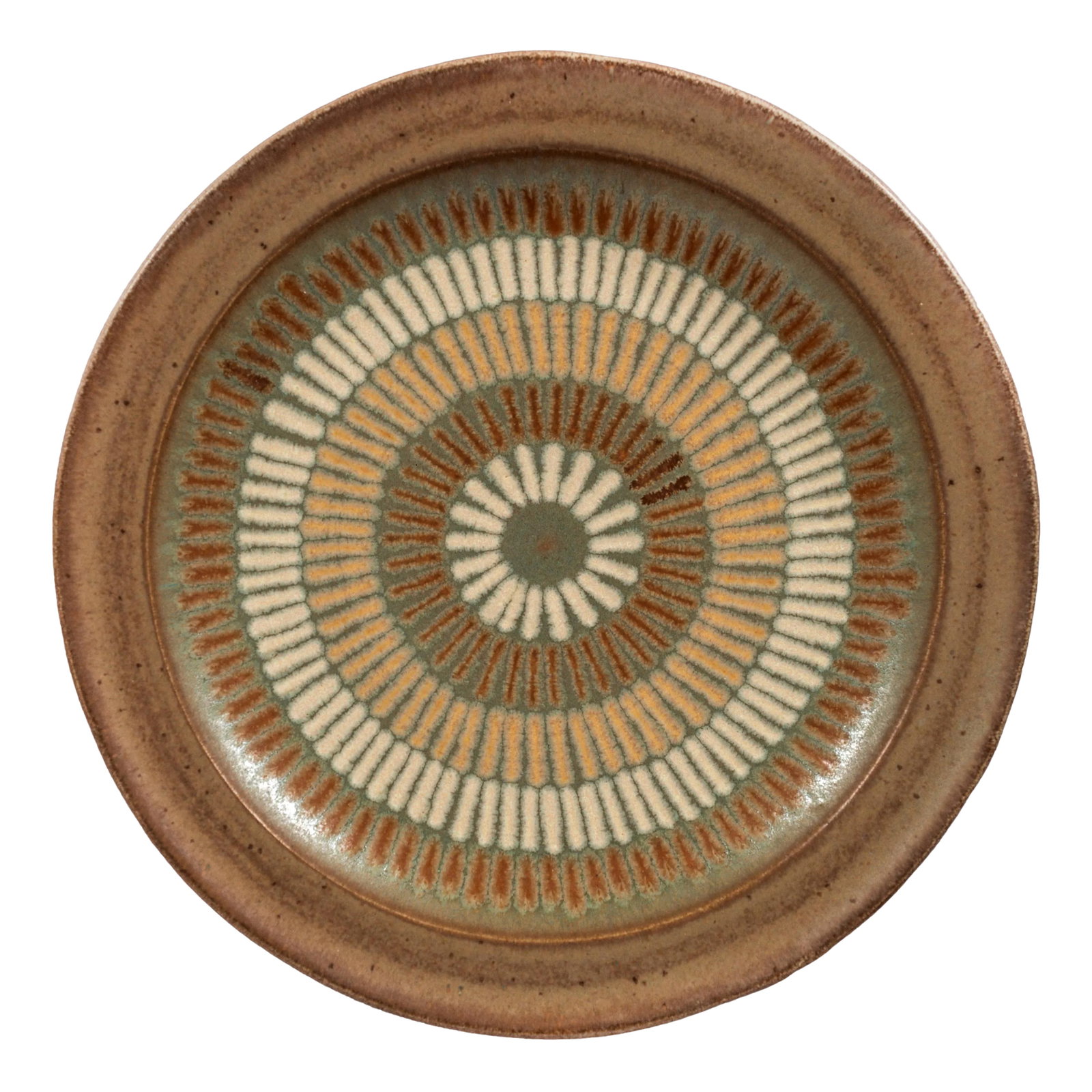 Clyde Burt Ceramic Platter: Clyde Burt ceramic platter glazed stoneware with incised, abstract details. Signed to underside: [CB]. American, circa 1965. Condition: Alterations: Unknown Imperfections: Some Imperfections