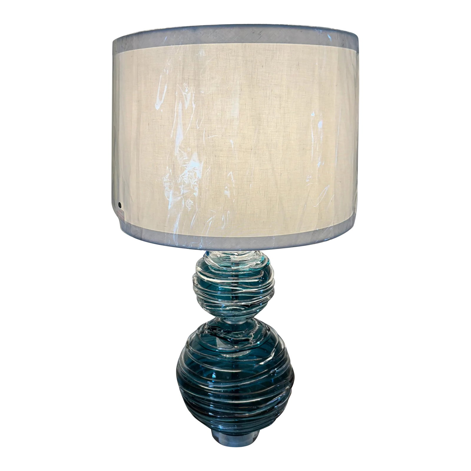 William Yeoward Designer Art Glass Alfie Jade Table Lamp: Gorgeous designer crystal art glass "Alfie" lamp by William Yeoward having two graduated in size art glass orbs in sea green and clear with lucite base. A chic and contemporary lamp made from mouth