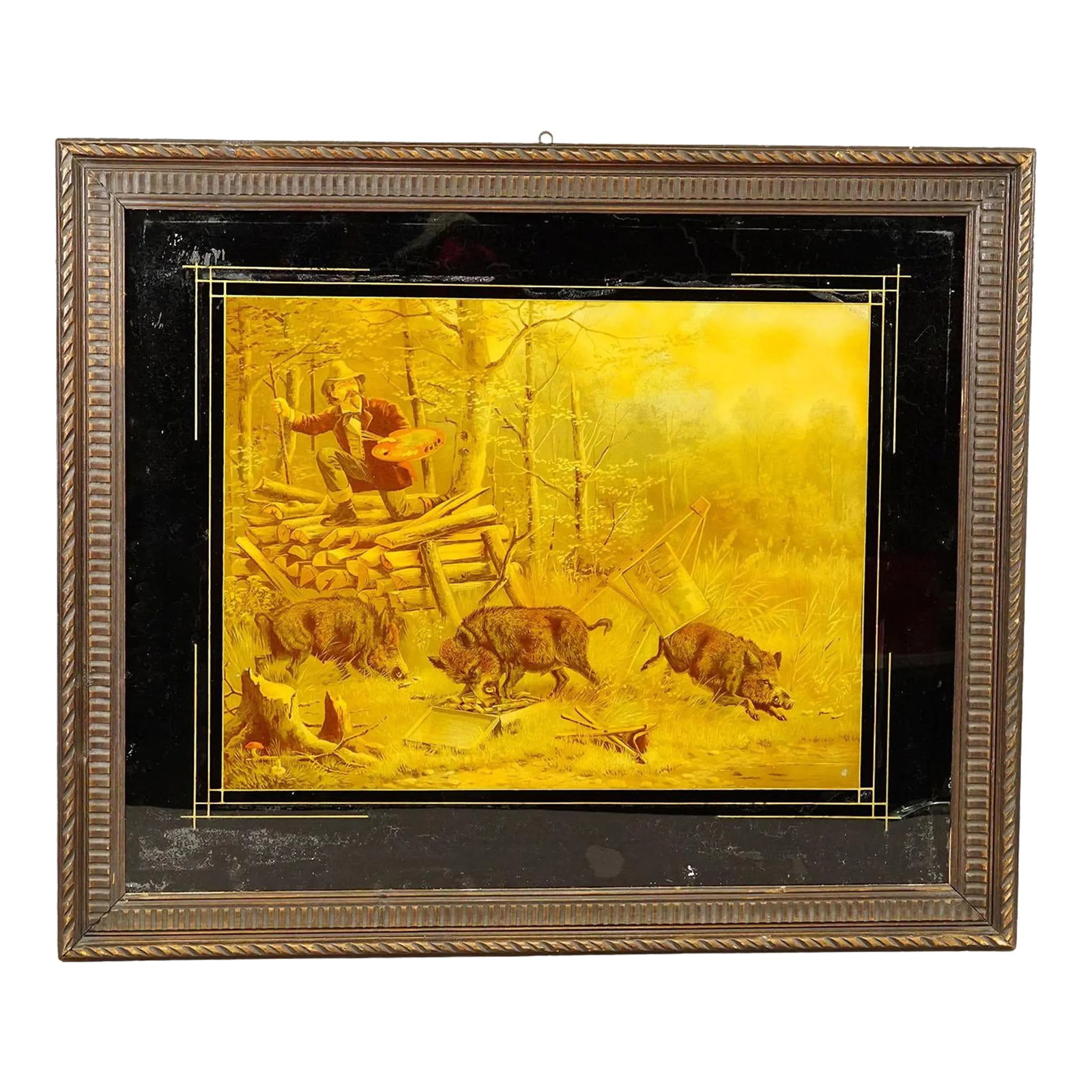Antique Print With Humoristic Scene Featuring Wild Boars and a Painter: Antique Print with Humoristic Scene featuring Wild Boars and a Painter A colorful antique oil print depicting a humoristic scene in the Black Forest. A painter flees from a herd of wild boars onto a