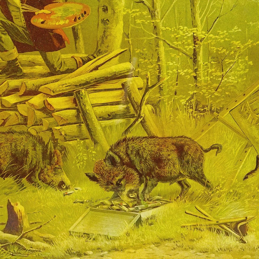 Antique Print With Humoristic Scene Featuring Wild Boars and a Painter - 4