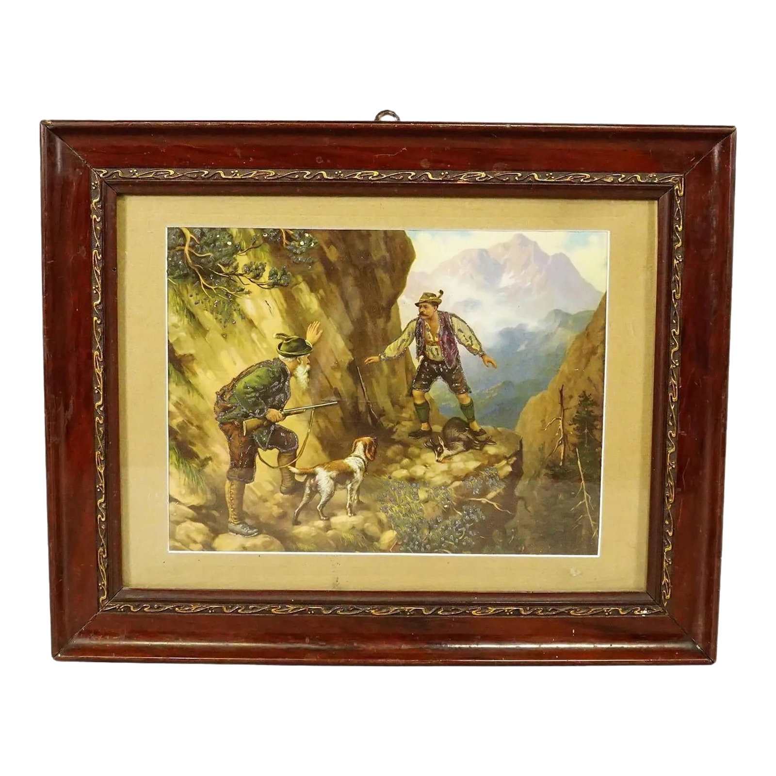 Antique Oil Print With Dramatic Poacher Scene After Josef Ringeisen: Antique Oil Print with Dramatic Poacher Scene after Josef Ringeisen A colorful oil print depicting a dramatic poaching scenery in the Bavarian alps. A poacher is caught in the act by the hunter and