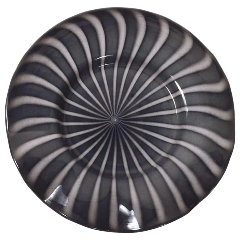 Large Murano Platter Centerpiece Bowl Attributed to Barbini: This impressive Murano glass plate exhibits all the hallmarks of Alfredo Barbini, however it is unsigned. The top surface is grey and white strips, the underside is white, with a polished pontil. This