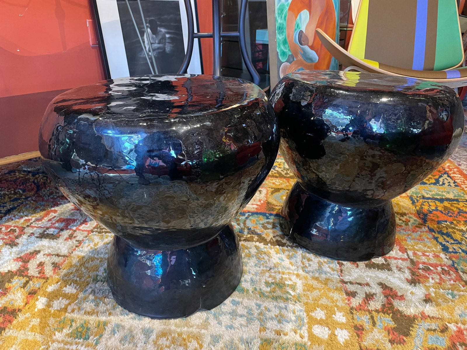 Pair of Black Ceramic Outdoor Stools by Made Goods - 2