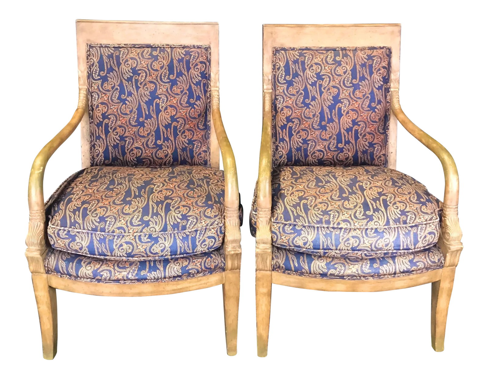 1940s Vintage French Empire Style Armchairs- A Pair: Pair of high quality gorgeous vintage French Empire style club chairs from Bloomingdale's with handsome carved dolphin armrests. Probably walnut, faux painted greige color. H seat 19" Condition: