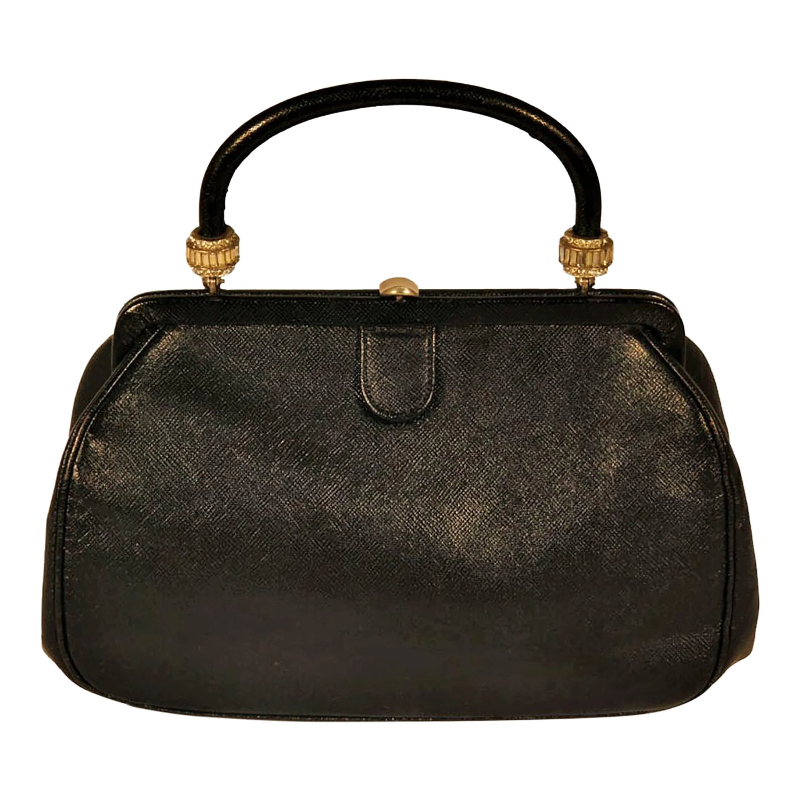 Bienen-Davis Black Leather Vintage Purse: This little purse is made of textured leather with a satin interior. The strap is structured with beautiful Rhinestone baguettes. The shape is very unusual in a classic yet simple style. Perfect for