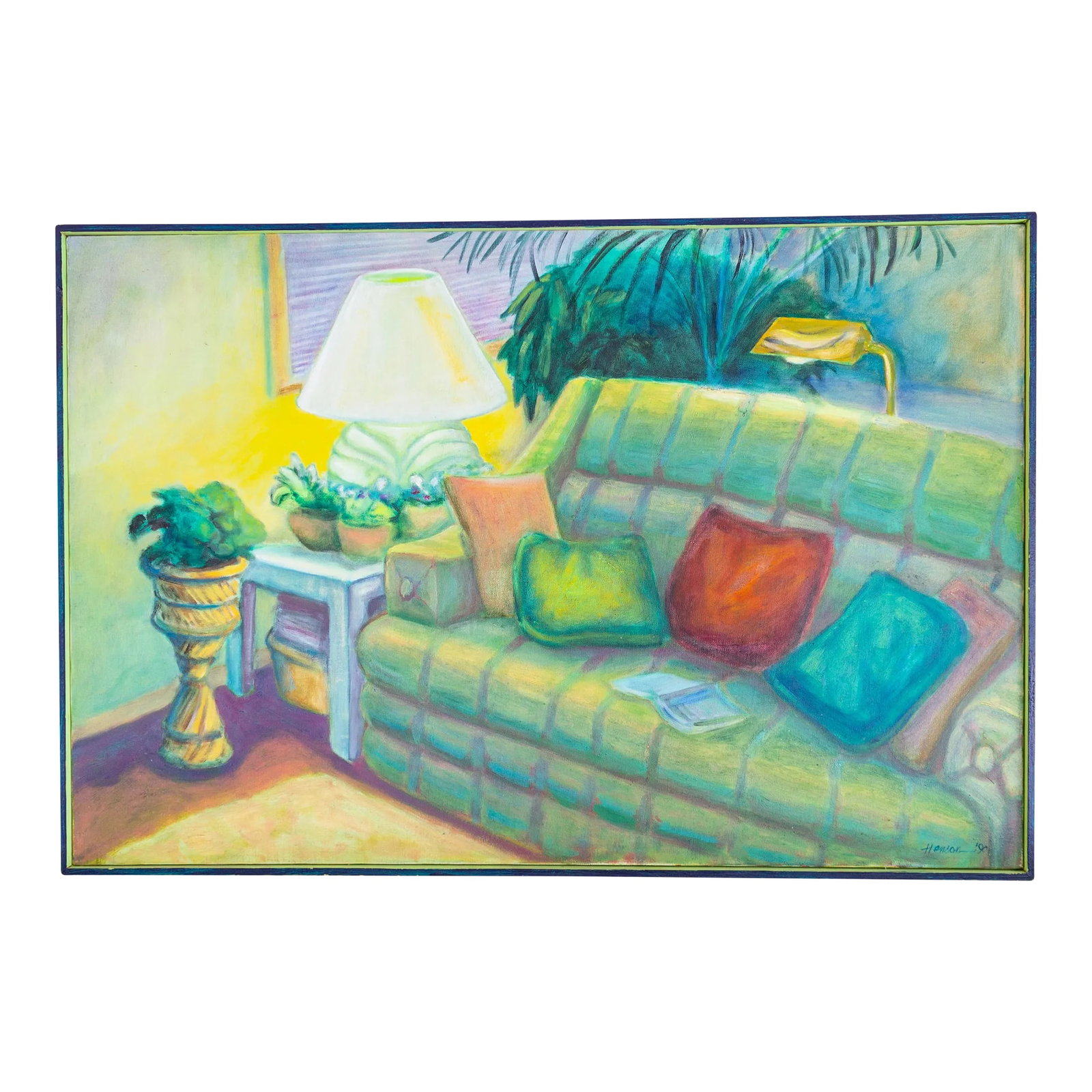 Fauvist Painting of a Living Room Interior Still Life Signed Henson: A large and vibrant oil painting of a cozy couch nook in a living room, done in a fauvist style, is signed Henson at the bottom right corner. This interior still life suggests a love of reading and