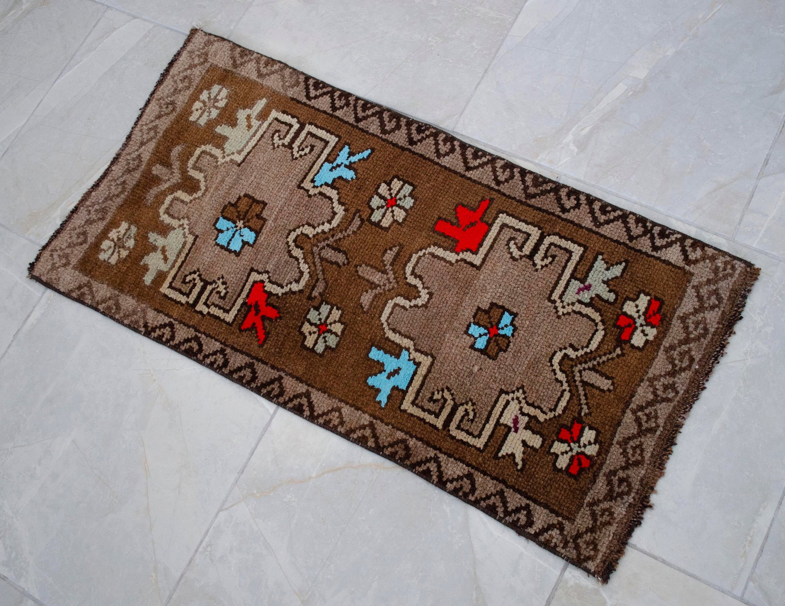Distressed Low Pile Turkish Small Petite Rug Hand Knotted Organic Wool Mat - 17'' X 34'' - 11