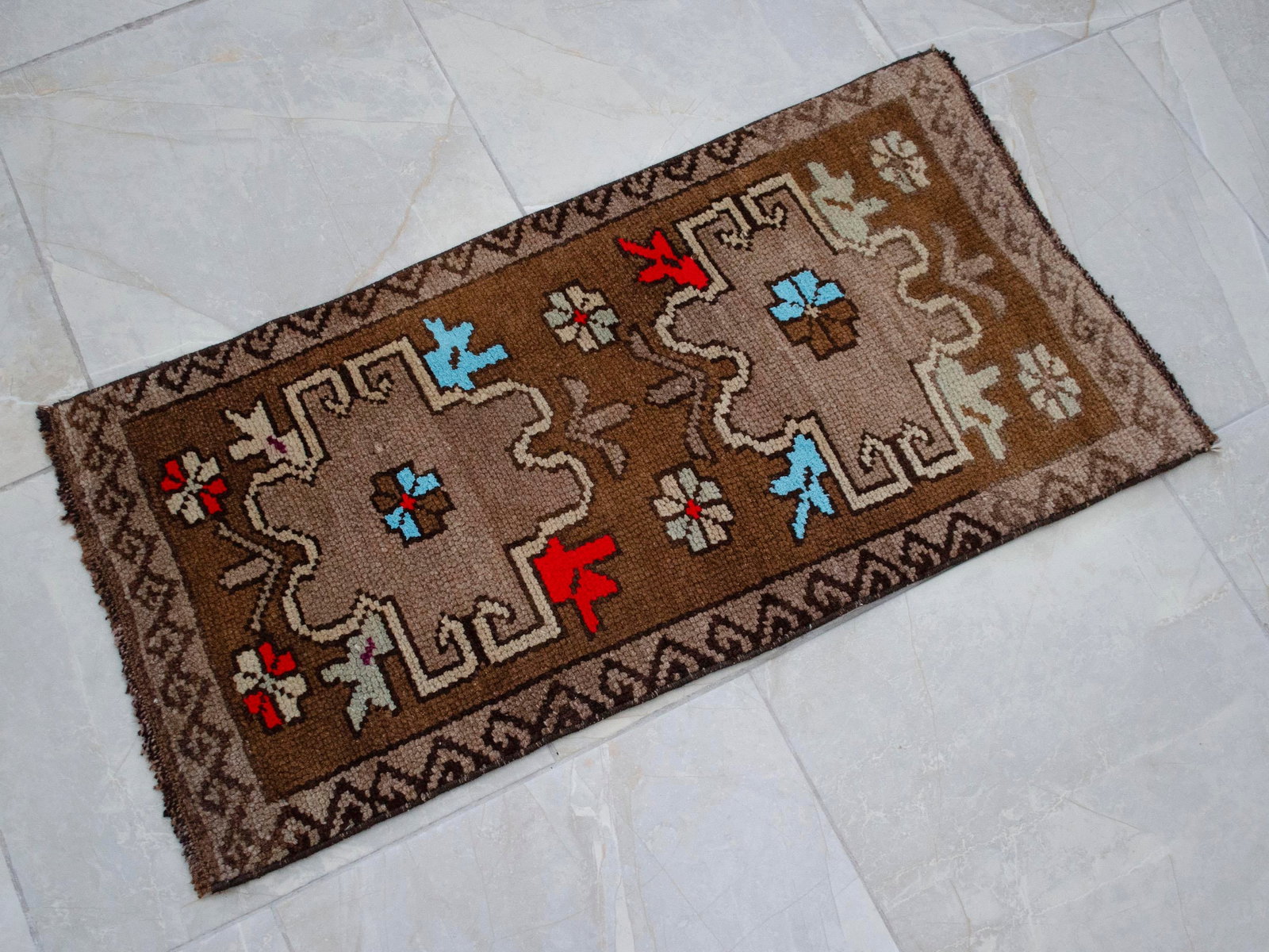 Distressed Low Pile Turkish Small Petite Rug Hand Knotted Organic Wool Mat - 17'' X 34'' - 12