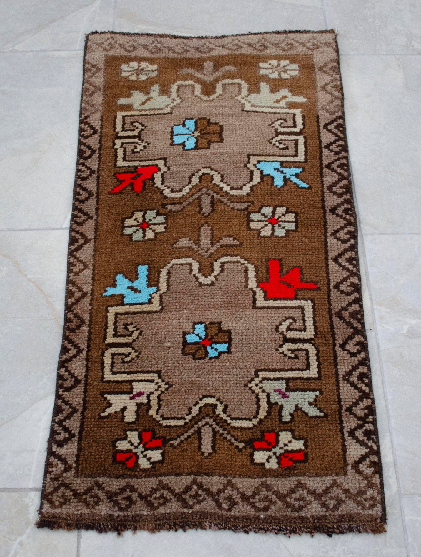 Distressed Low Pile Turkish Small Petite Rug Hand Knotted Organic Wool Mat - 17'' X 34'' - 13