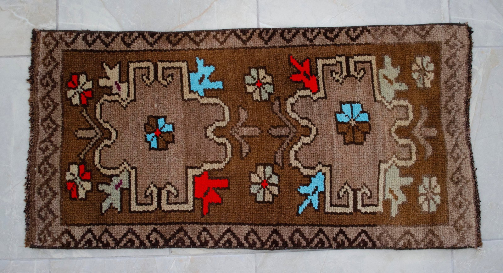 Distressed Low Pile Turkish Small Petite Rug Hand Knotted Organic Wool Mat - 17'' X 34'' - 14