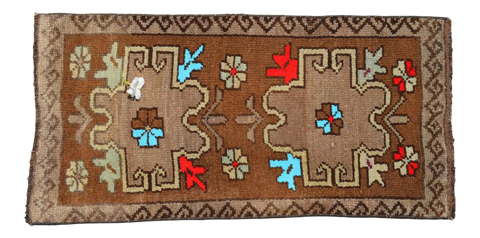 Distressed Low Pile Turkish Small Petite Rug Hand Knotted Organic Wool Mat - 17'' X 34'' (1 of 14)