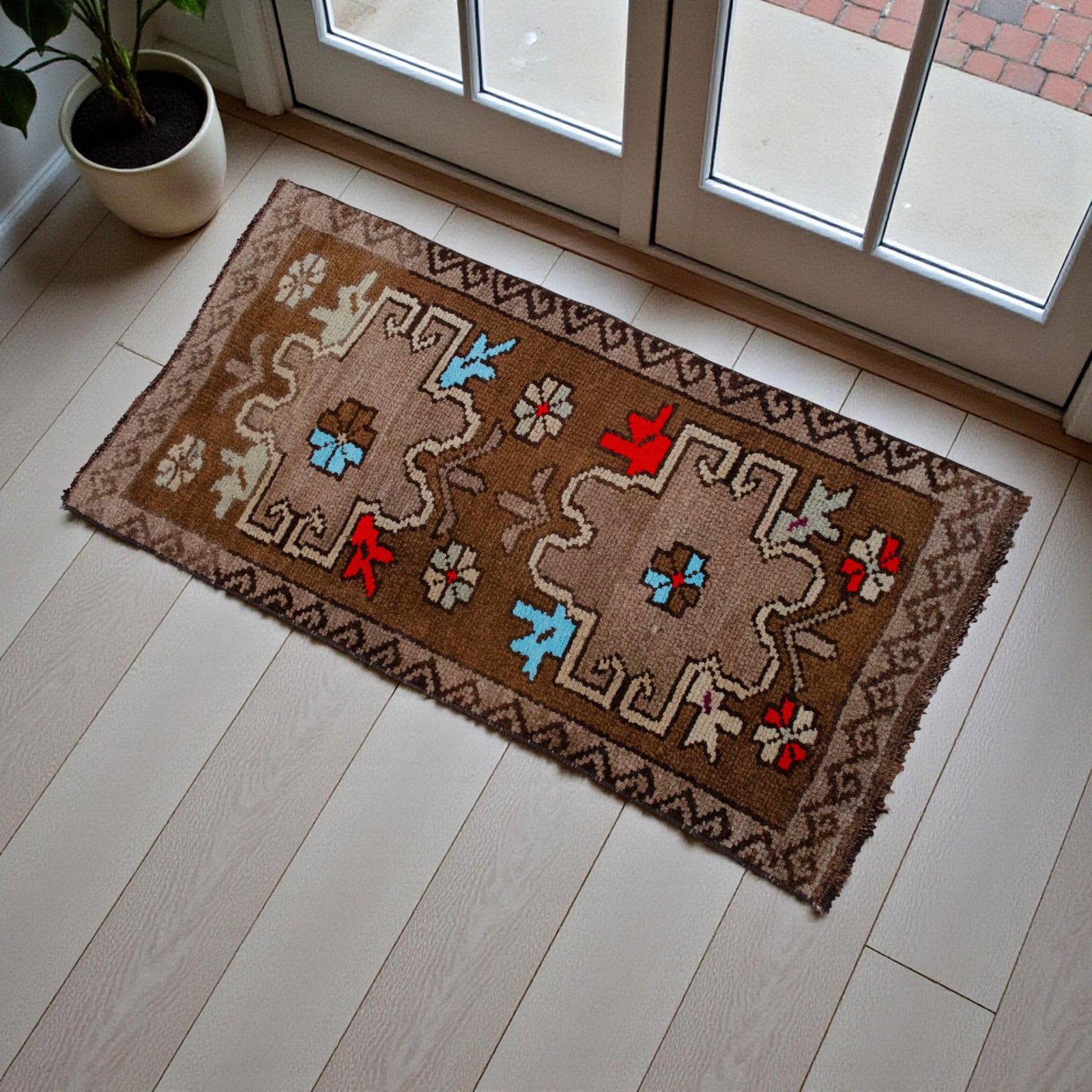 Distressed Low Pile Turkish Small Petite Rug Hand Knotted Organic Wool Mat - 17'' X 34'' - 2