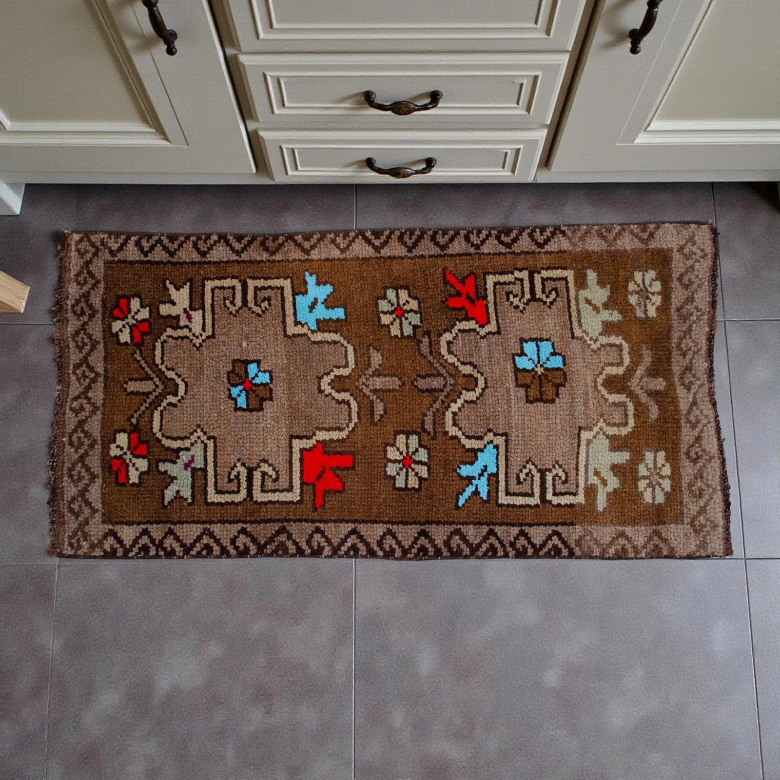 Distressed Low Pile Turkish Small Petite Rug Hand Knotted Organic Wool Mat - 17'' X 34'' - 3