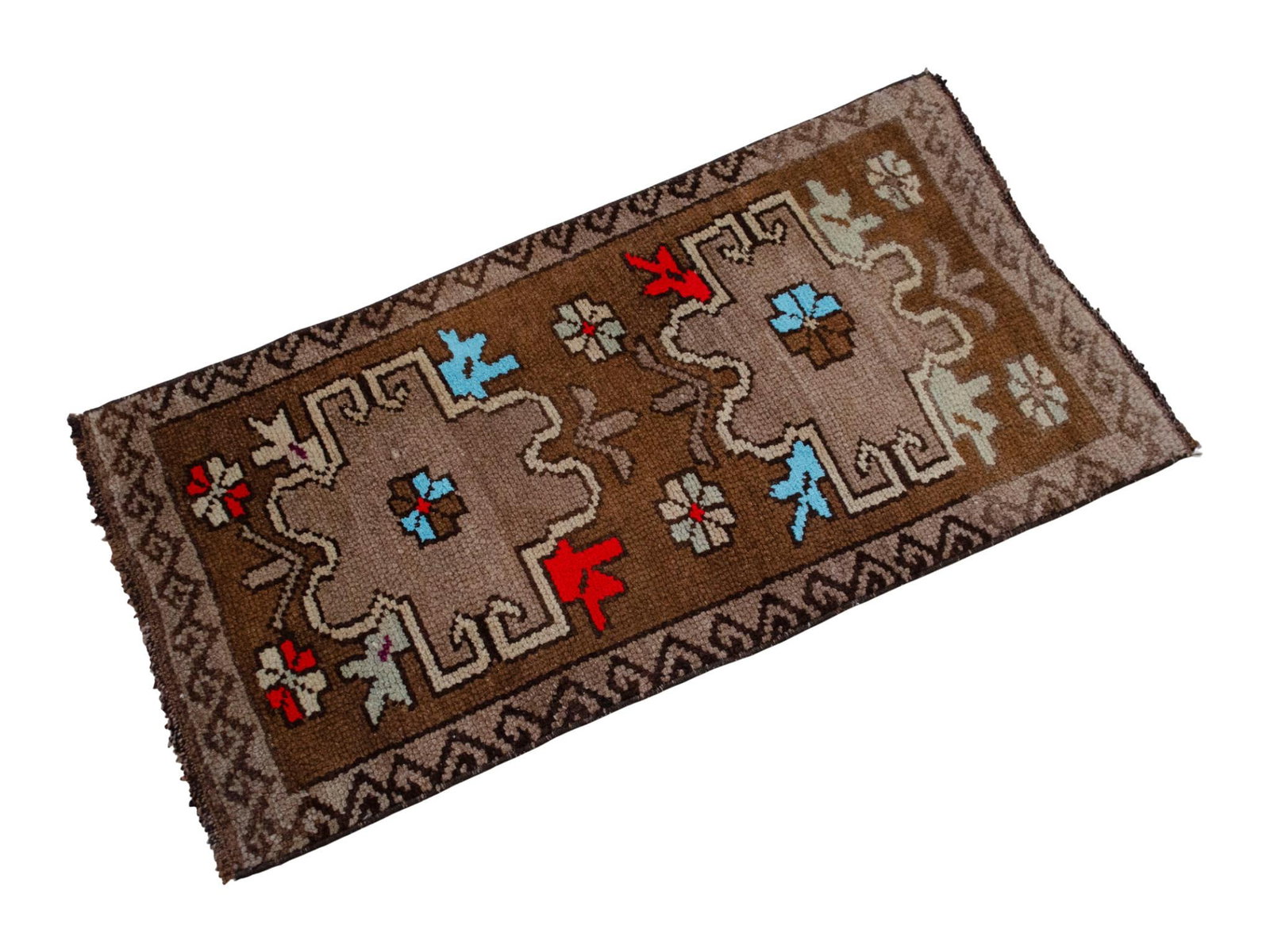 Distressed Low Pile Turkish Small Petite Rug Hand Knotted Organic Wool Mat - 17'' X 34'' - 5