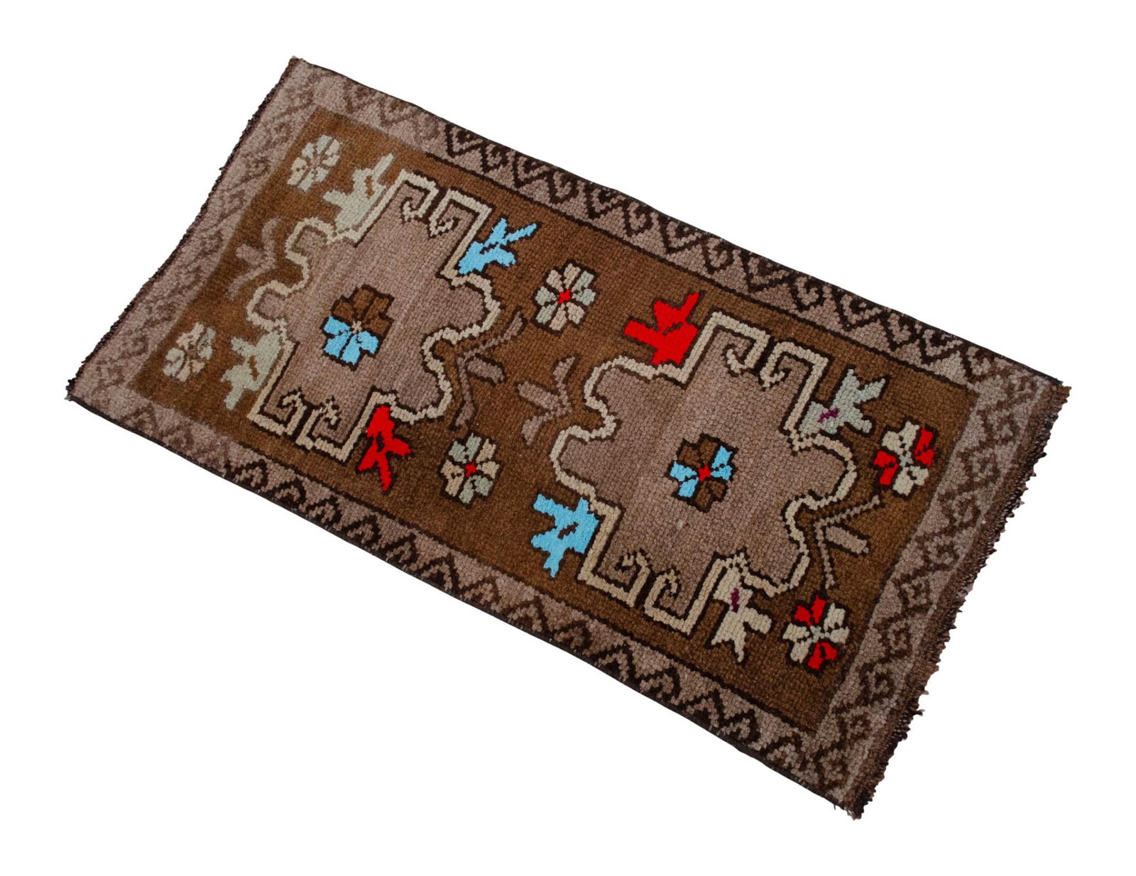 Distressed Low Pile Turkish Small Petite Rug Hand Knotted Organic Wool Mat - 17'' X 34'' - 7